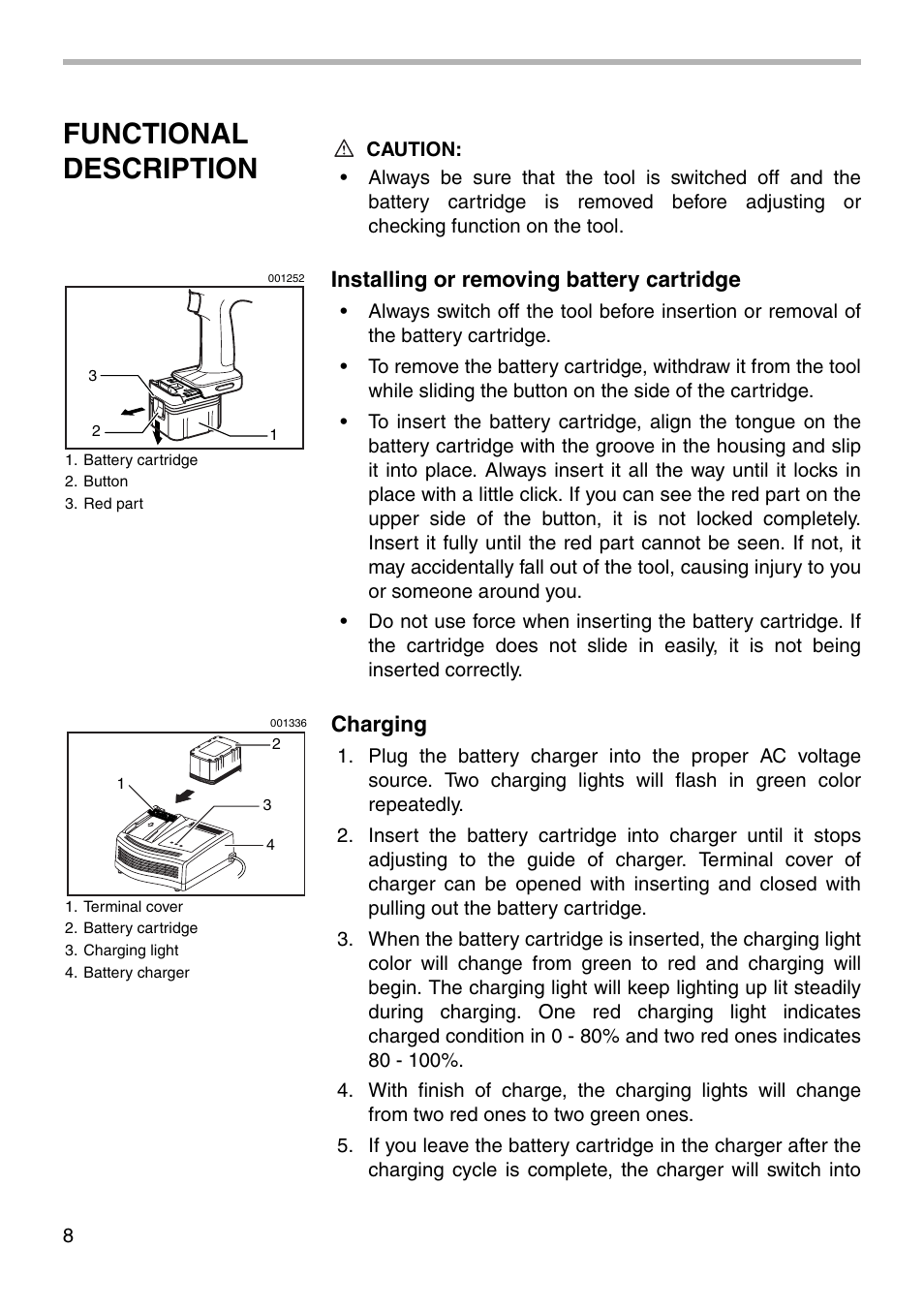 Functional description, Installing or removing battery cartridge, Charging | Makita BTD120 User Manual | Page 8 / 20