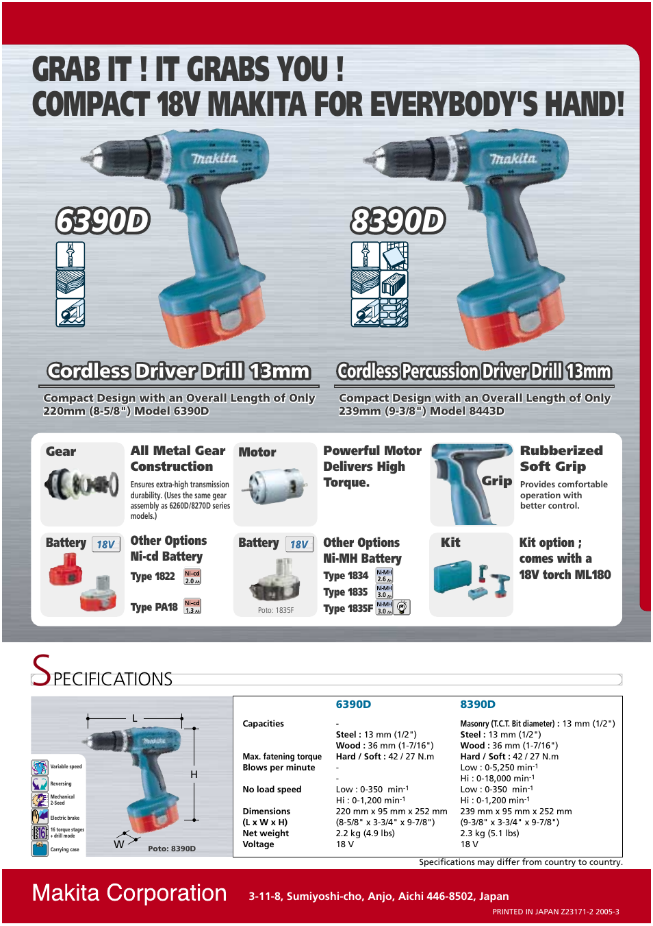 8390d, Cordless driver drill 13mm, Cordless percussion driver drill 13mm | Pecifications | Makita 8390D User Manual | Page 2 / 2