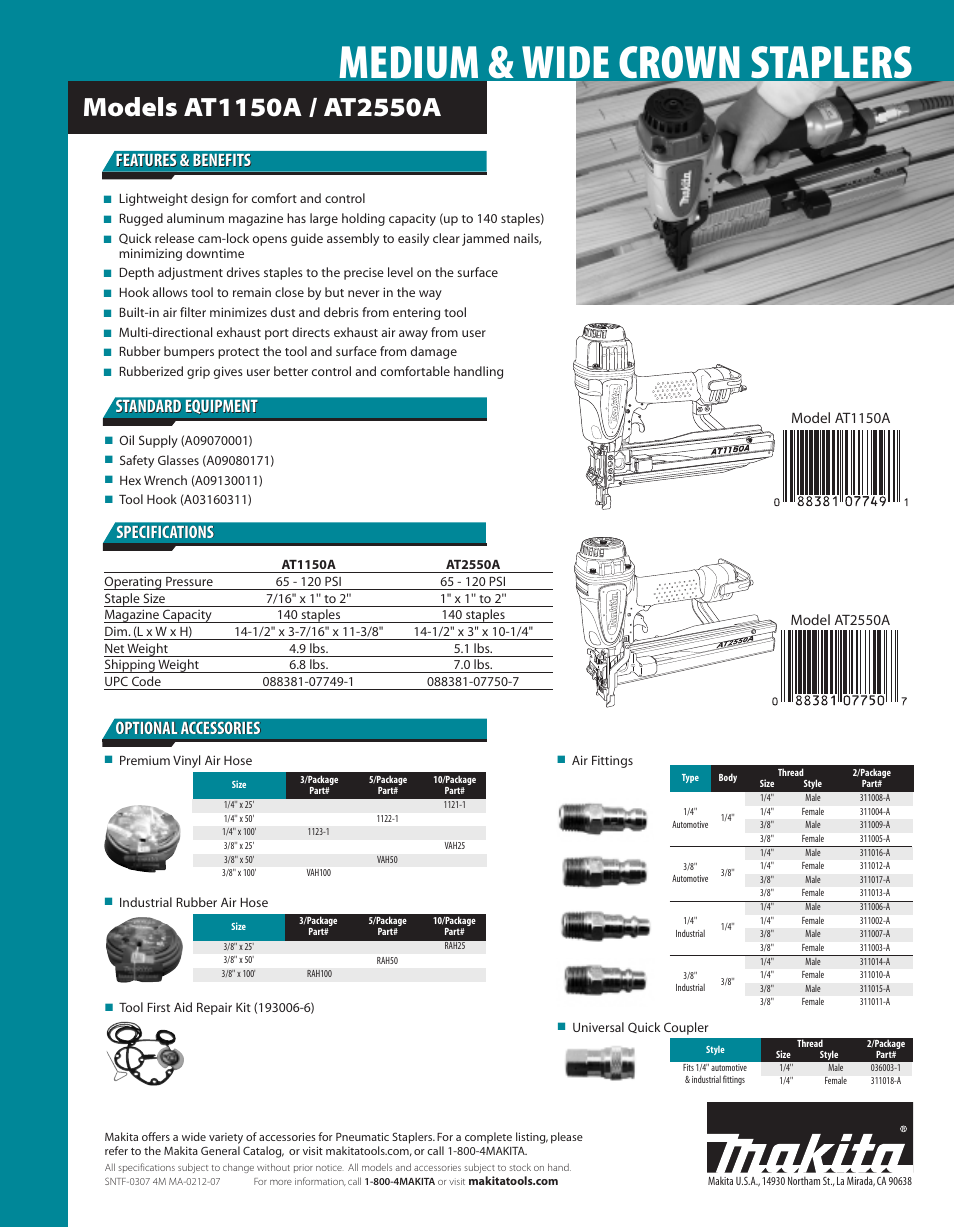 Medium & wide crown staplers, Features & benefits | Makita AT1150A User Manual | Page 2 / 2