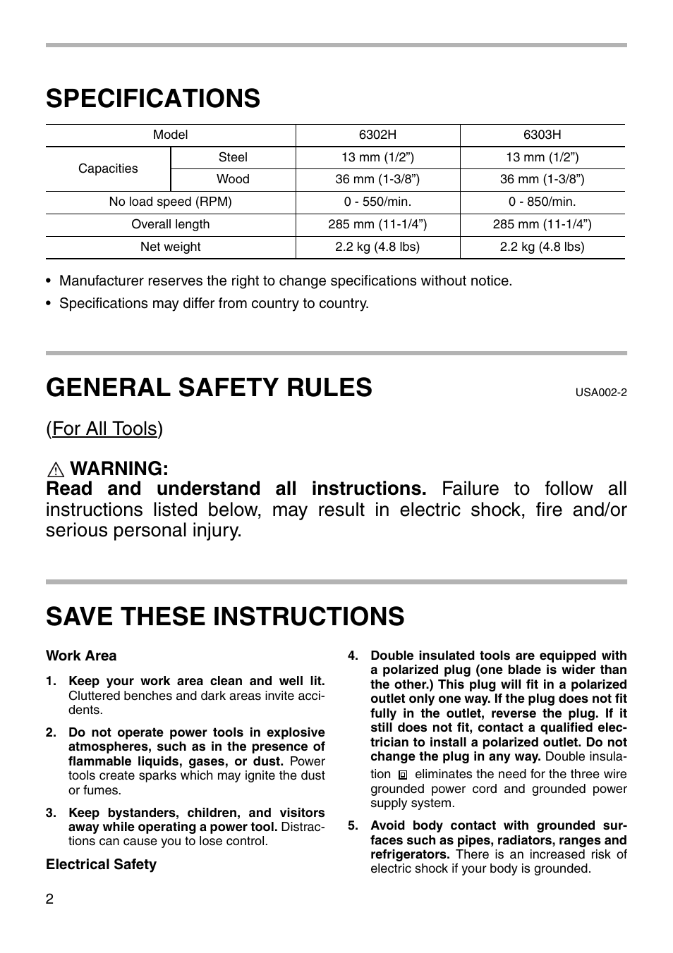 Specifications, General safety rules, Save these instructions | Makita 6302H User Manual | Page 2 / 12