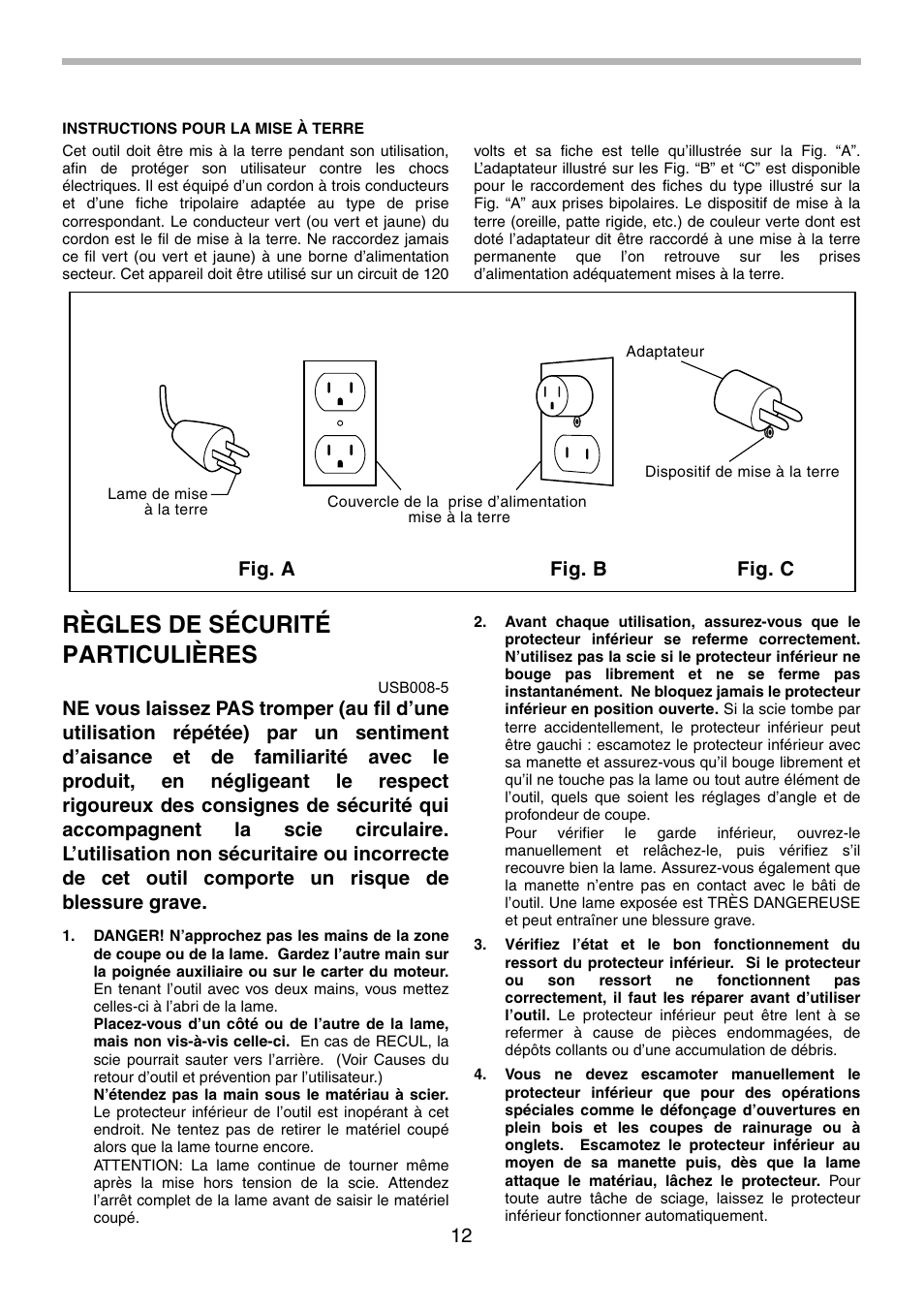 Règles de sécurité particulières, Fig. a fig. b fig. c | Makita 5201NA User Manual | Page 12 / 28