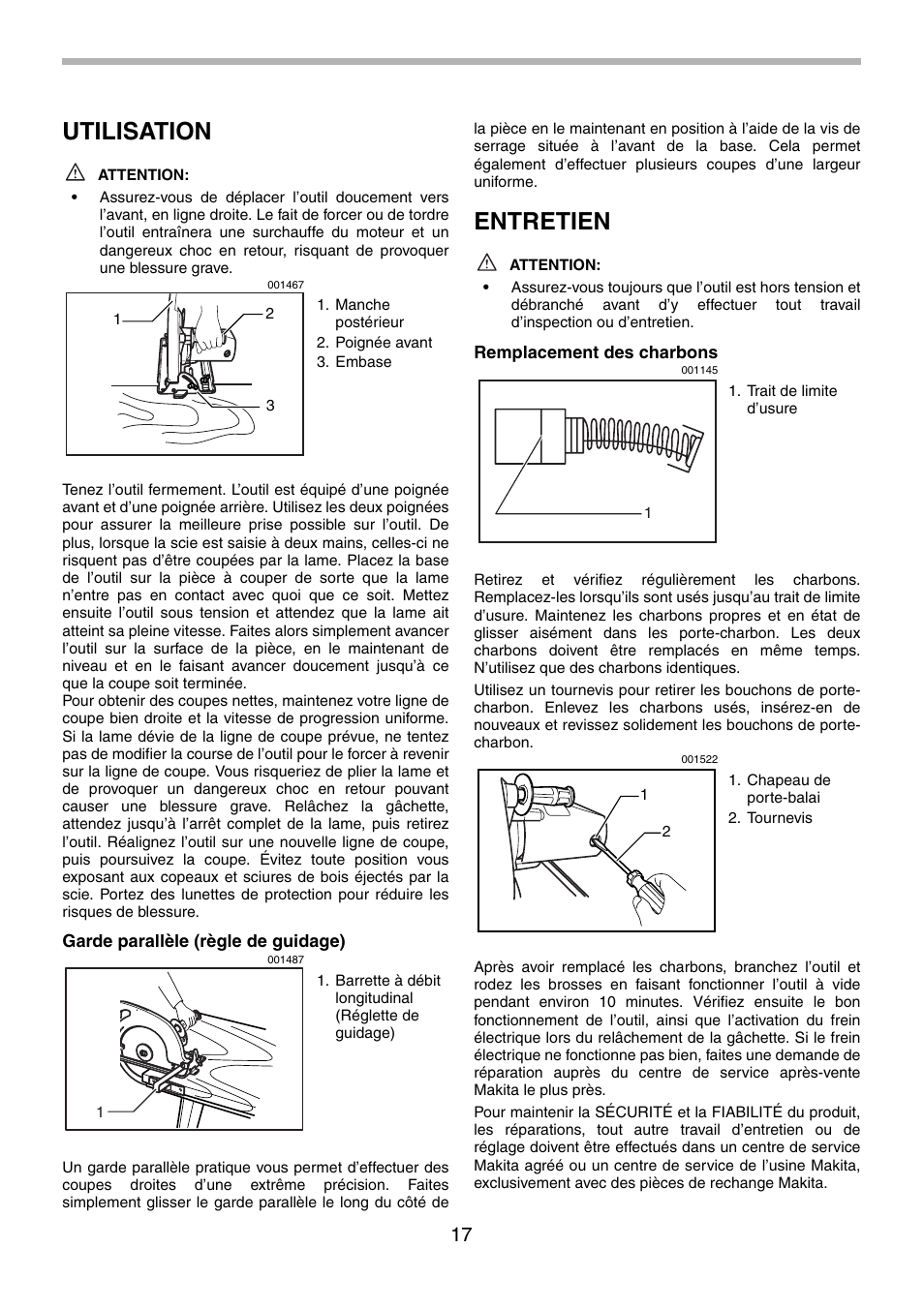 Utilisation, Entretien | Makita 5201NA User Manual | Page 17 / 28