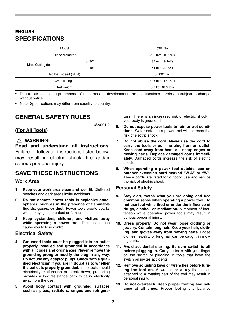 Specifications, General safety rules, Save these instructions | Work area, Electrical safety, Personal safety | Makita 5201NA User Manual | Page 2 / 28