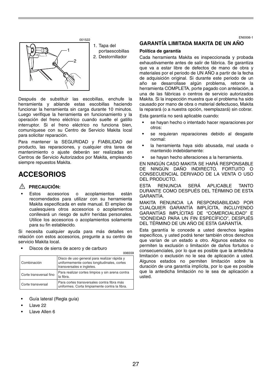 Accesorios | Makita 5201NA User Manual | Page 27 / 28