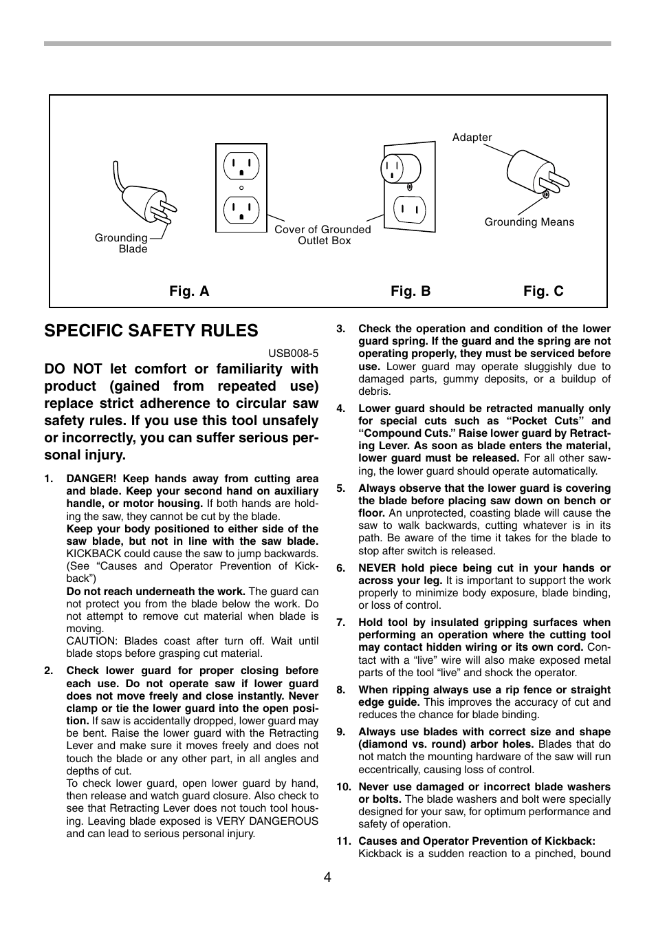 Specific safety rules, Fig. a fig. b fig. c | Makita 5201NA User Manual | Page 4 / 28