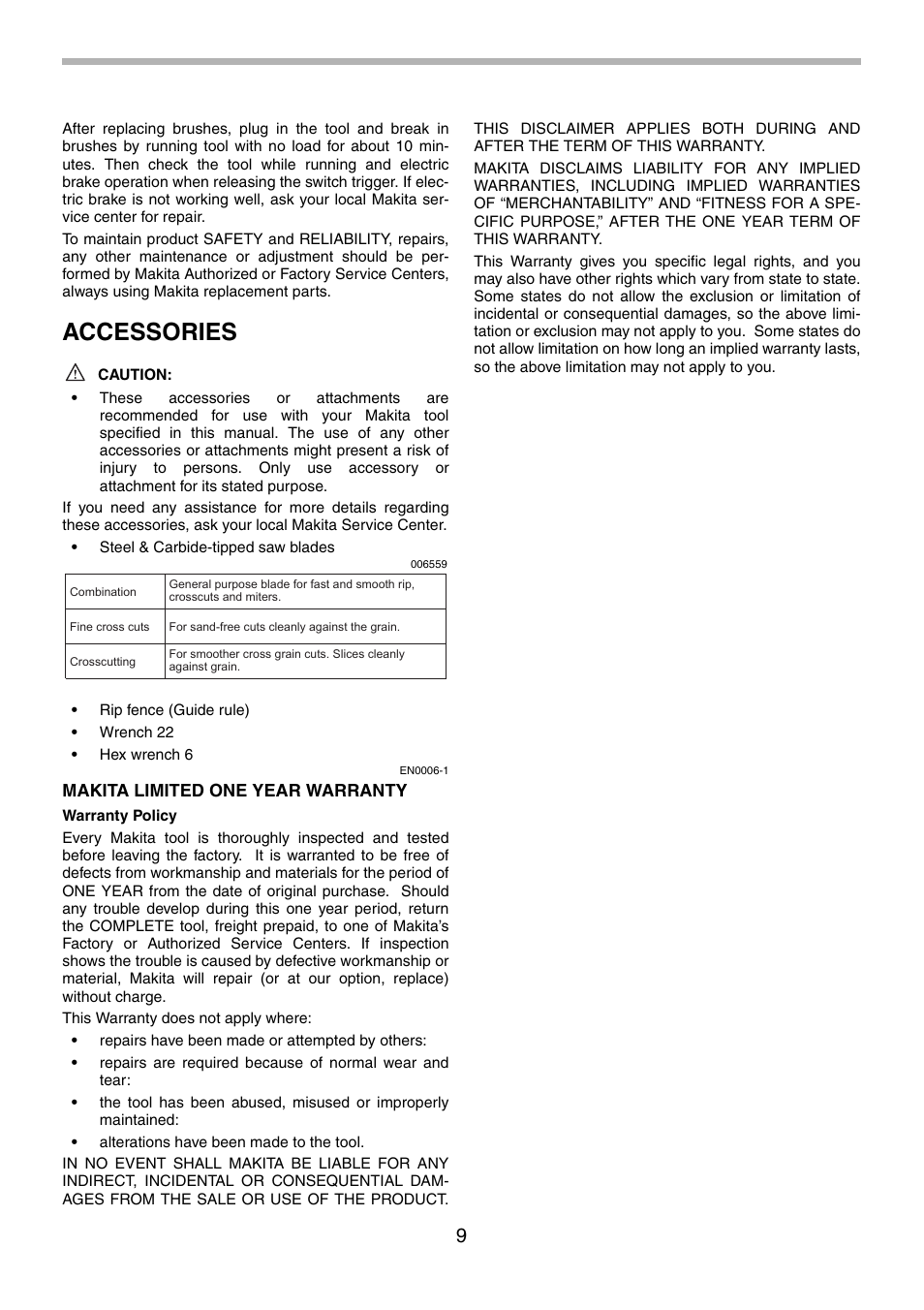 Accessories | Makita 5201NA User Manual | Page 9 / 28