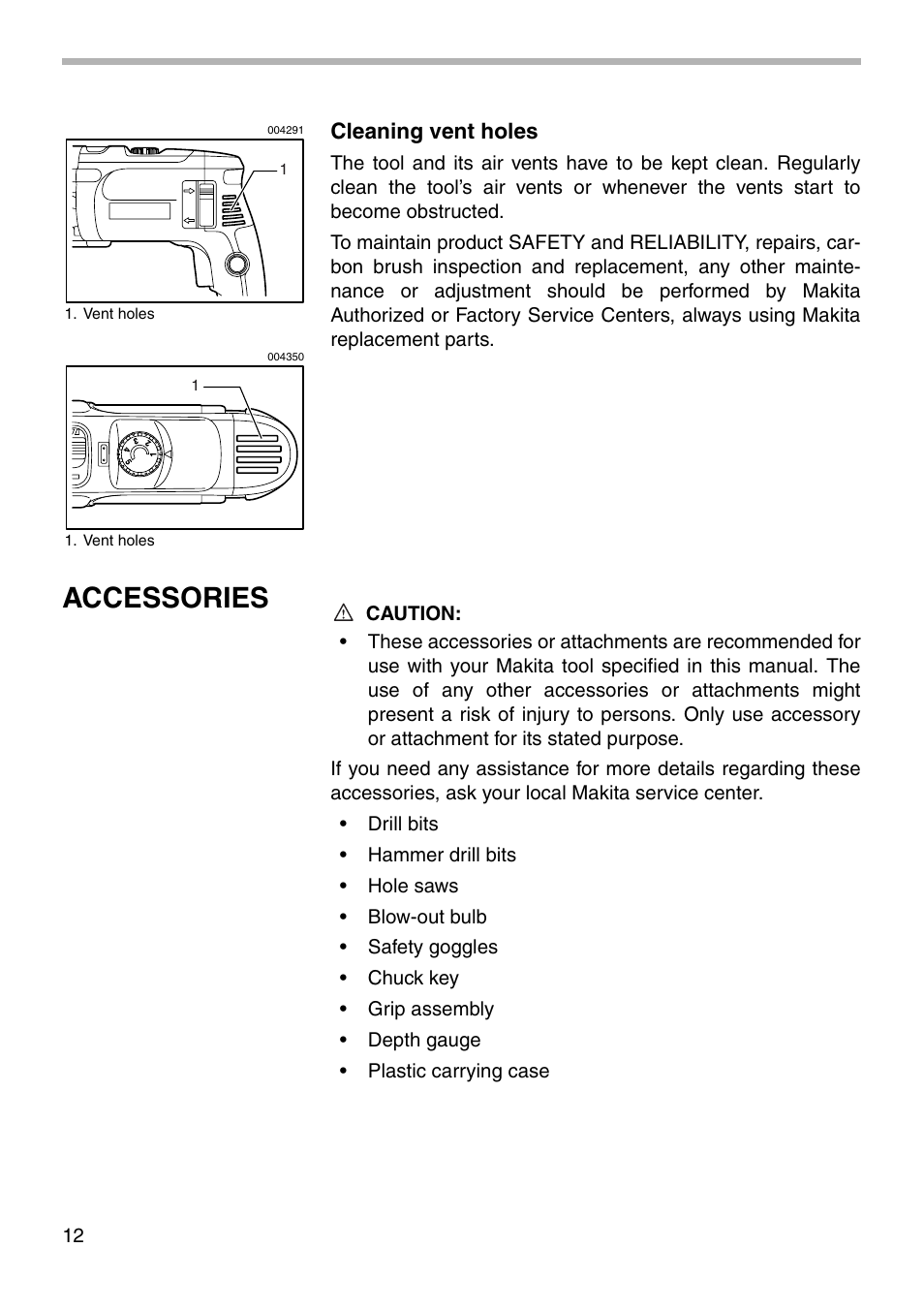 Accessories | Makita HP2071 User Manual | Page 12 / 16