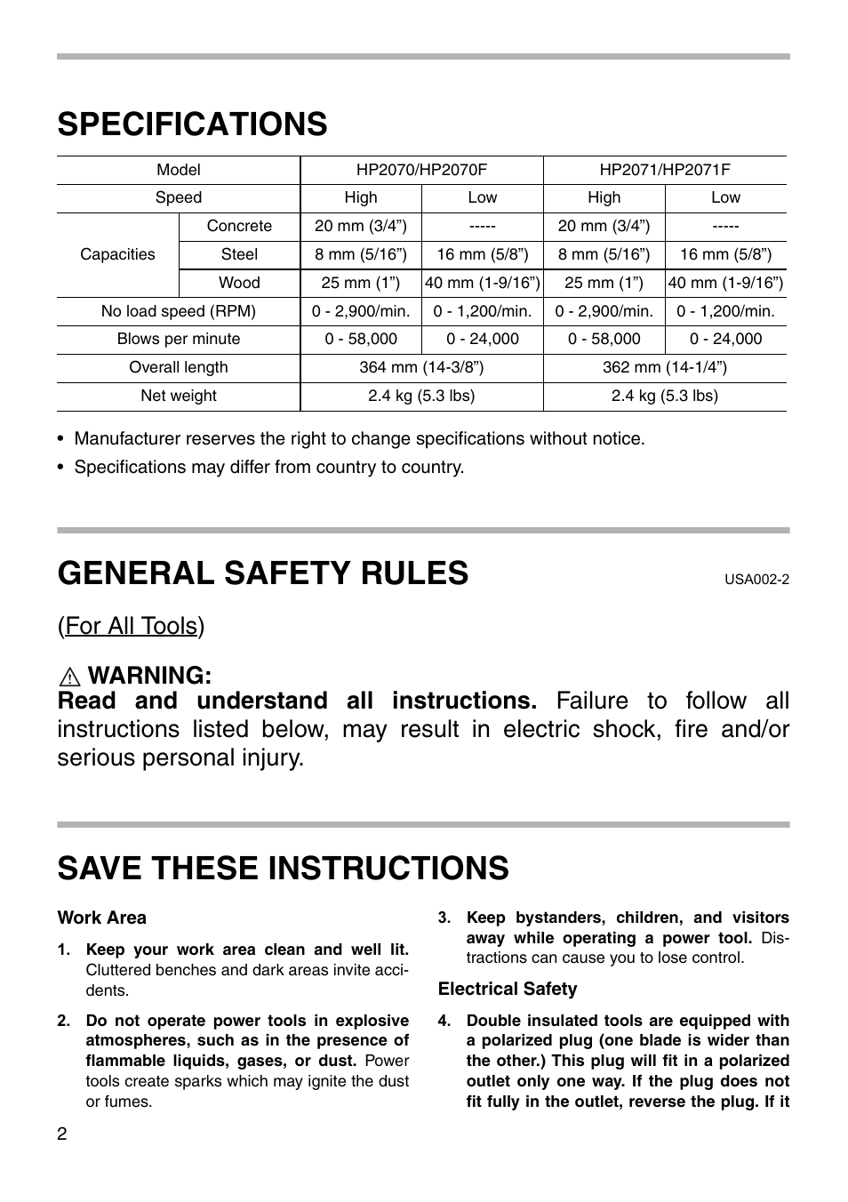 Specifications, General safety rules, Save these instructions | Makita HP2071 User Manual | Page 2 / 16