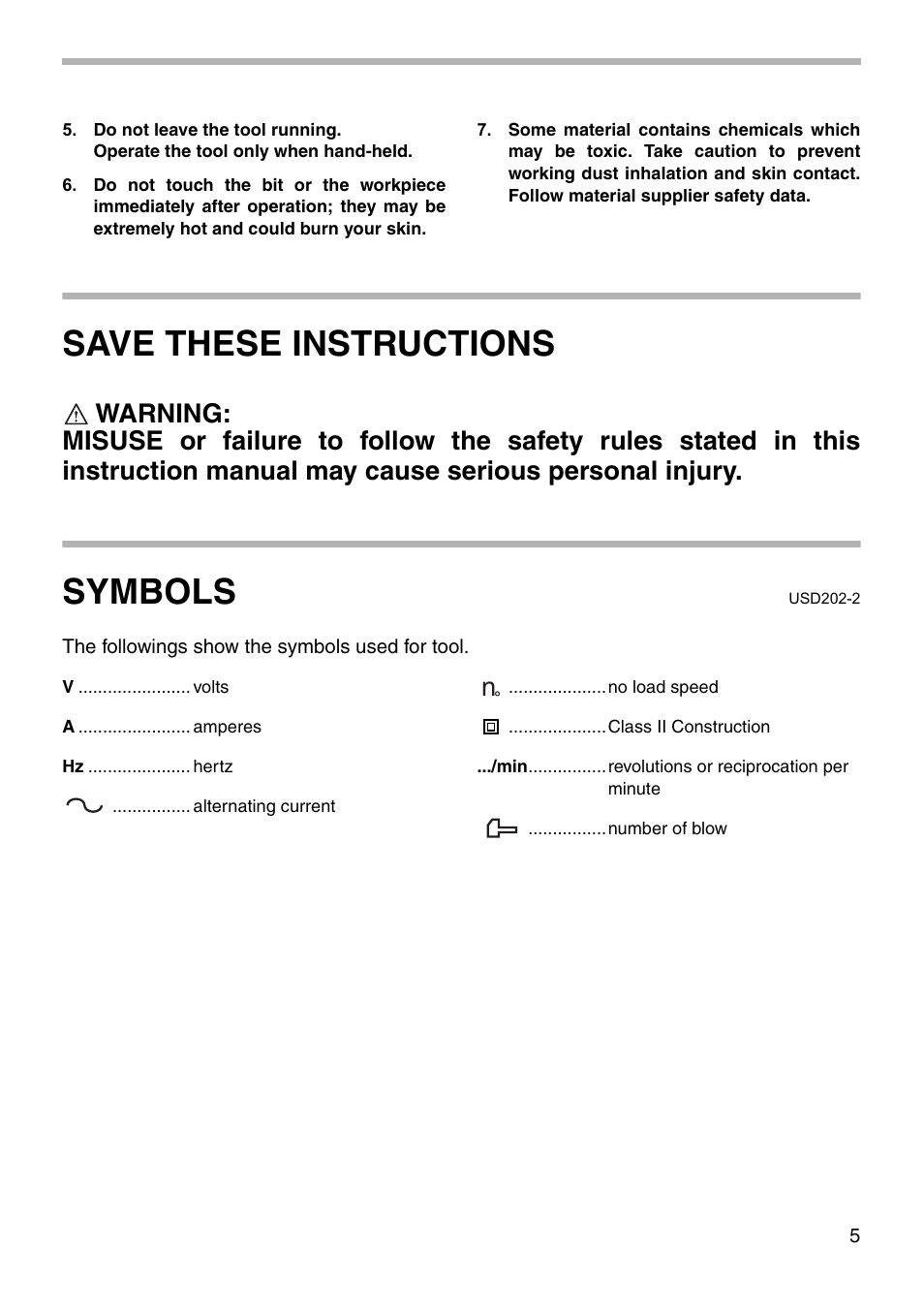 Save these instructions, Symbols | Makita HP2071 User Manual | Page 5 / 16