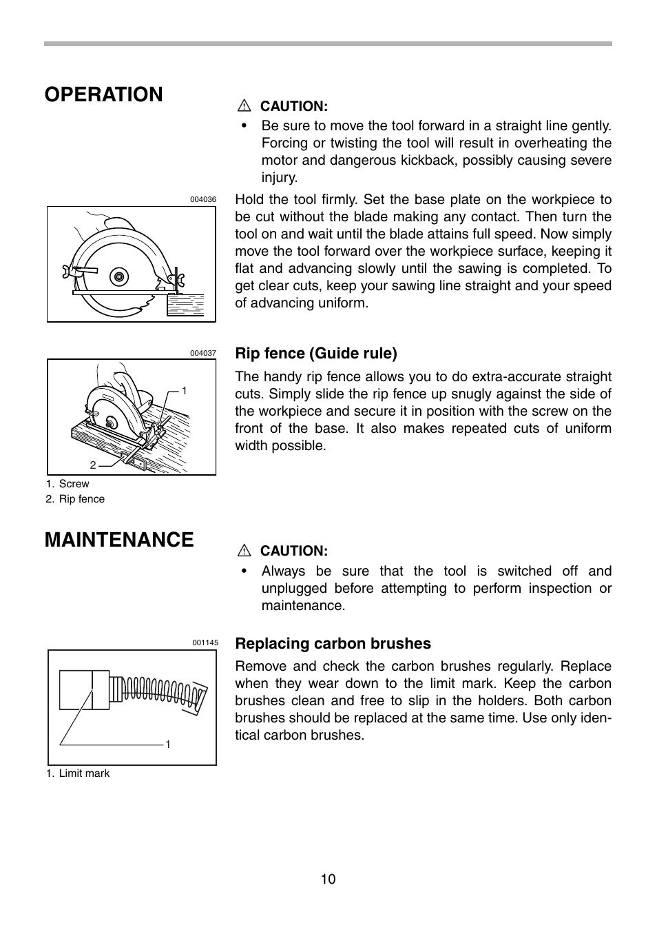 Operation, Maintenance, Rip fence (guide rule) | Replacing carbon brushes | Makita MT560 User Manual | Page 10 / 12