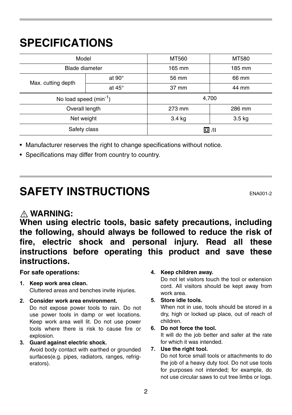 Specifications, Safety instructions | Makita MT560 User Manual | Page 2 / 12