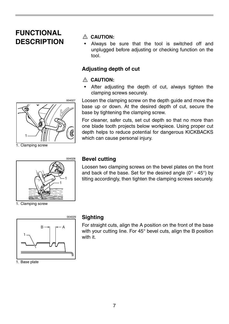 Functional description, Adjusting depth of cut, Bevel cutting | Sighting | Makita MT560 User Manual | Page 7 / 12