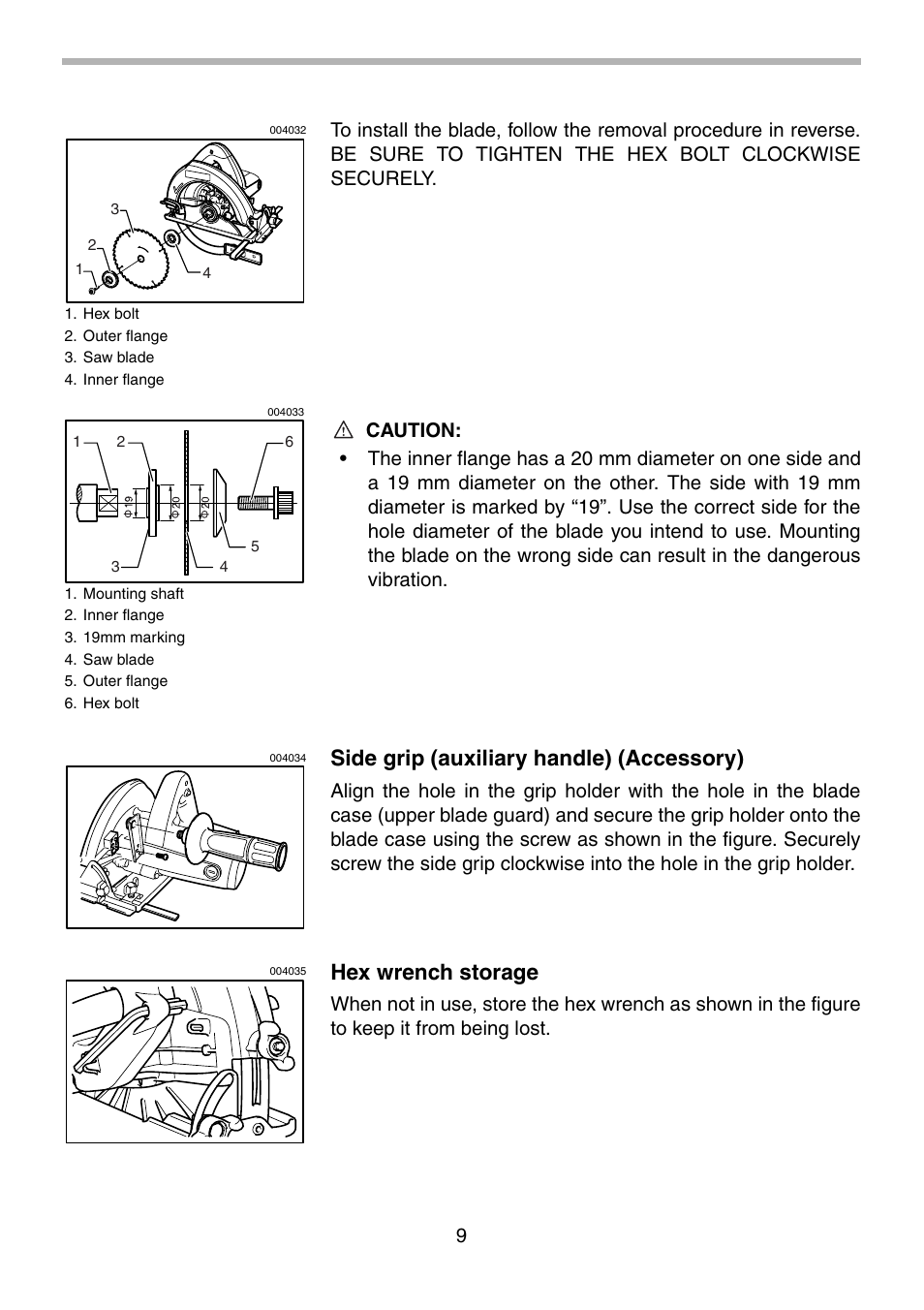 Side grip (auxiliary handle) (accessory), Hex wrench storage | Makita MT560 User Manual | Page 9 / 12