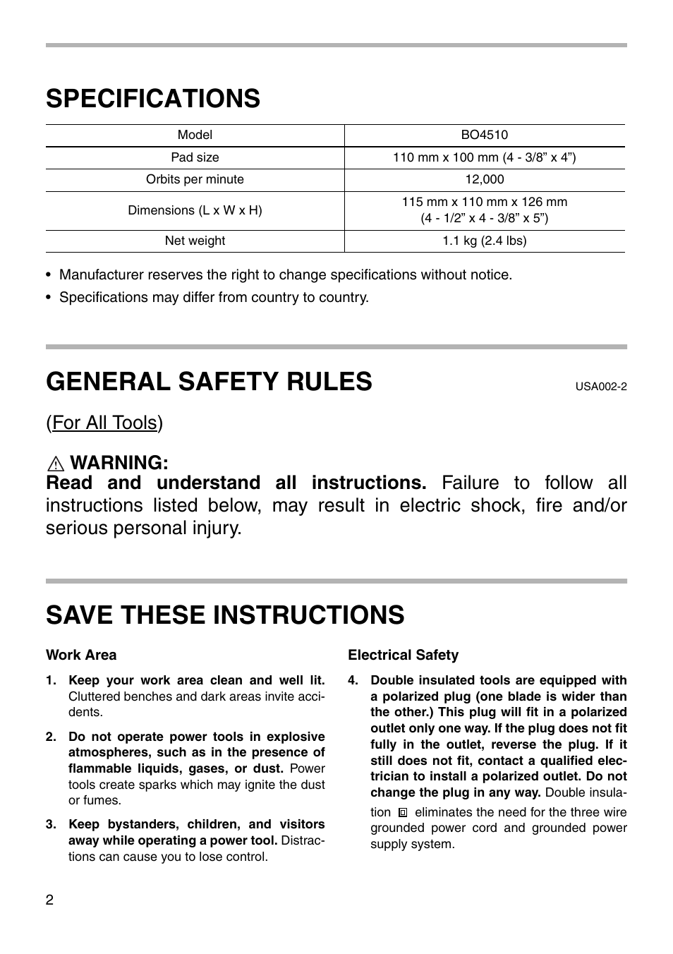 Specifications, General safety rules, Save these instructions | Makita Finishing Sander BO4510 003272 User Manual | Page 2 / 12
