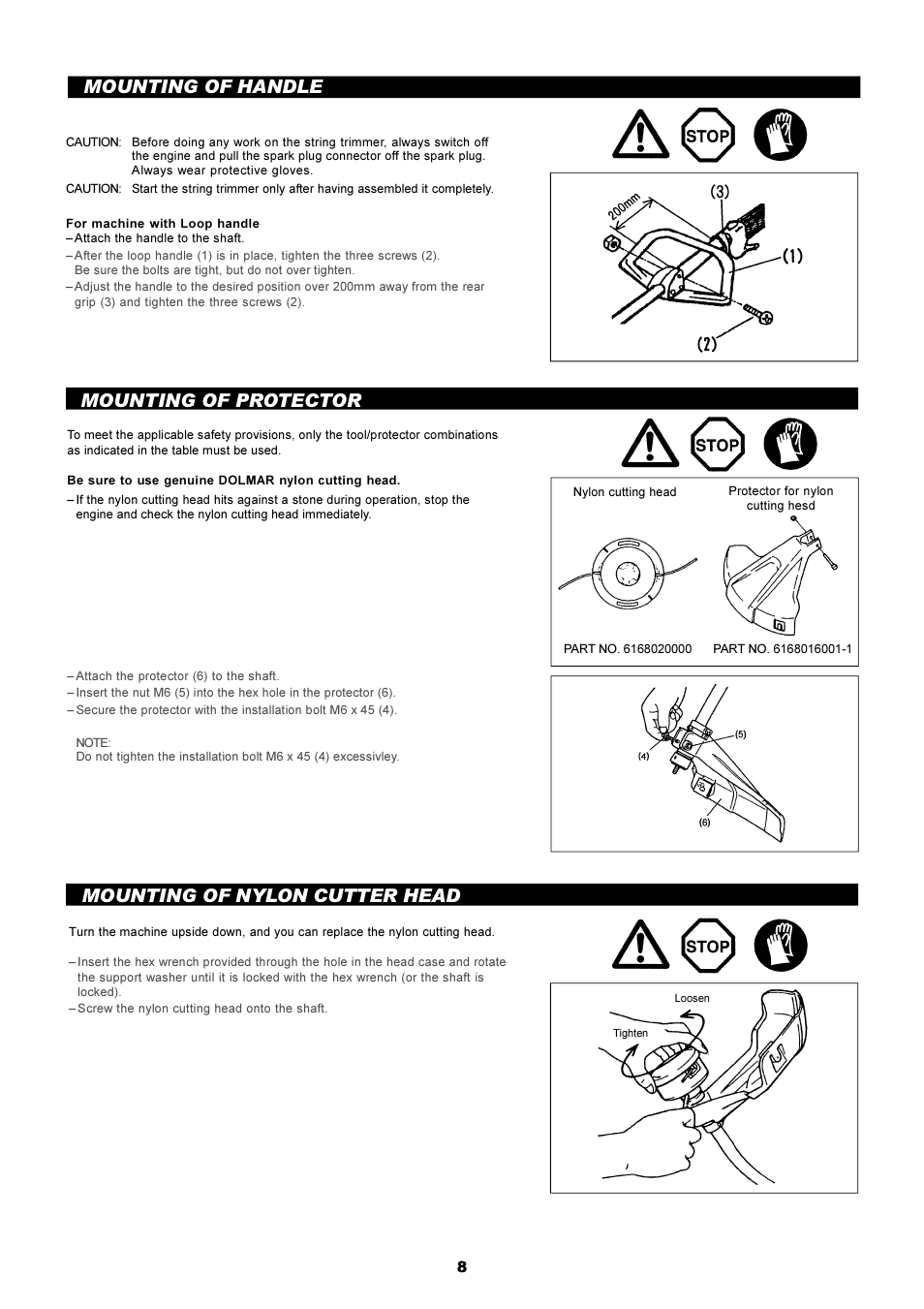 Mounting of handle, Mounting of protector, Mounting of nylon cutter head | Makita LT-210 User Manual | Page 8 / 47