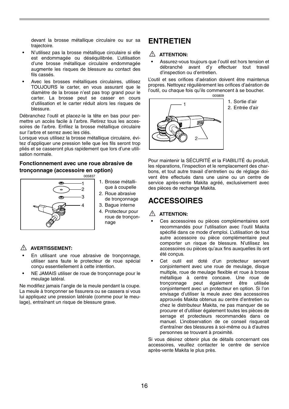 Entretien, Accessoires | Makita 9555NB User Manual | Page 16 / 28