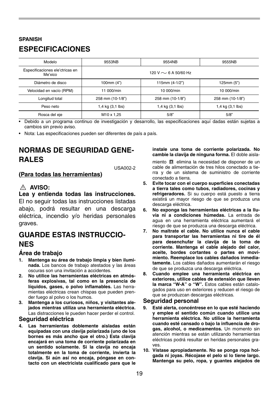 Especificaciones, Normas de seguridad gene- rales, Guarde estas instruccio- nes | Área de trabajo, Seguridad eléctrica, Seguridad personal | Makita 9555NB User Manual | Page 19 / 28