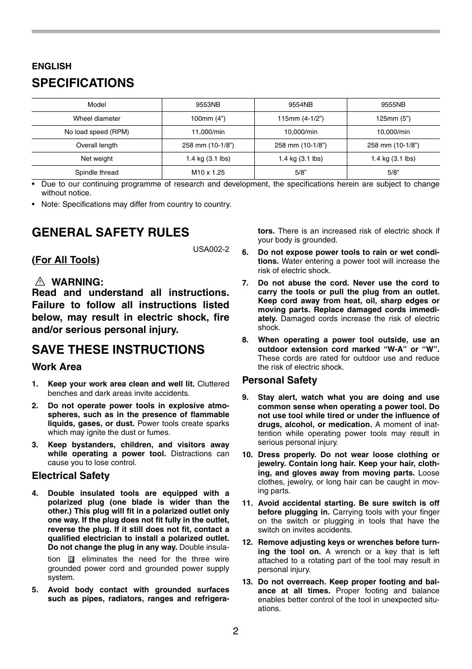 Specifications, General safety rules, Save these instructions | Work area, Electrical safety, Personal safety | Makita 9555NB User Manual | Page 2 / 28