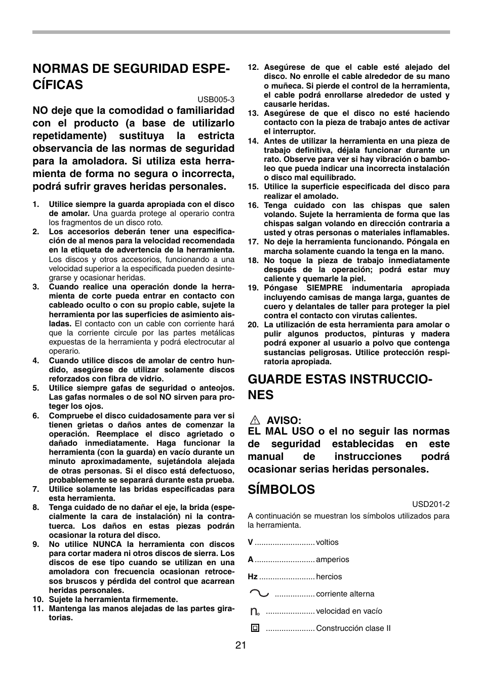 Normas de seguridad espe- cíficas, Guarde estas instruccio- nes, Símbolos | Makita 9555NB User Manual | Page 21 / 28