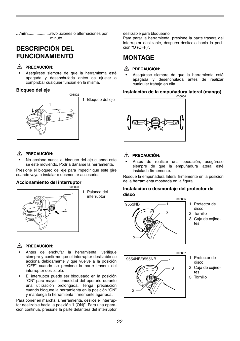 Descripción del funcionamiento, Montage | Makita 9555NB User Manual | Page 22 / 28