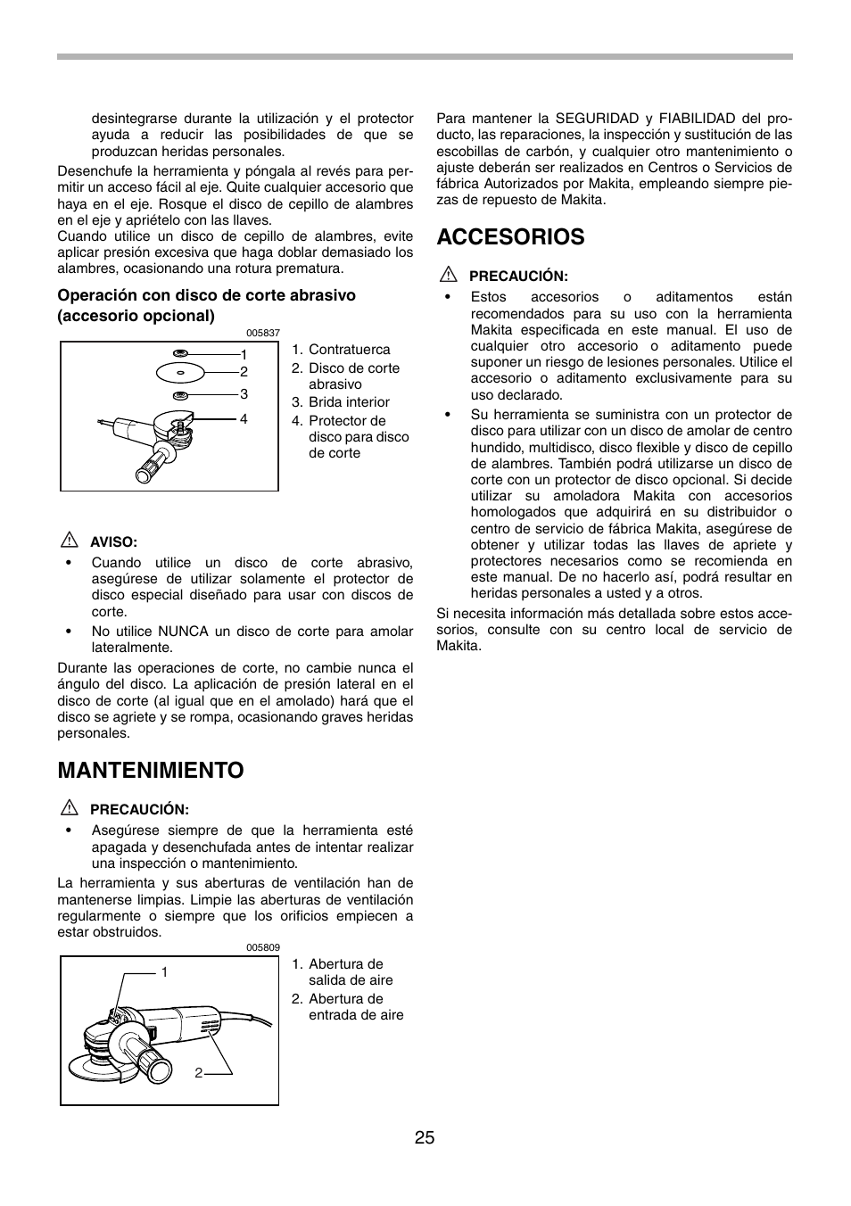 Mantenimiento, Accesorios | Makita 9555NB User Manual | Page 25 / 28