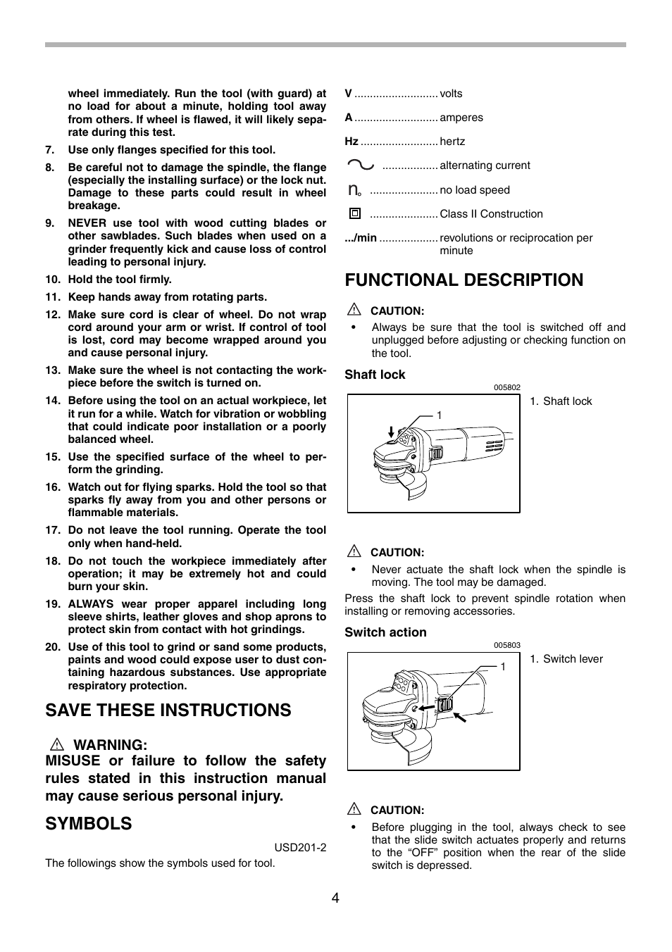 Save these instructions, Symbols, Functional description | Makita 9555NB User Manual | Page 4 / 28