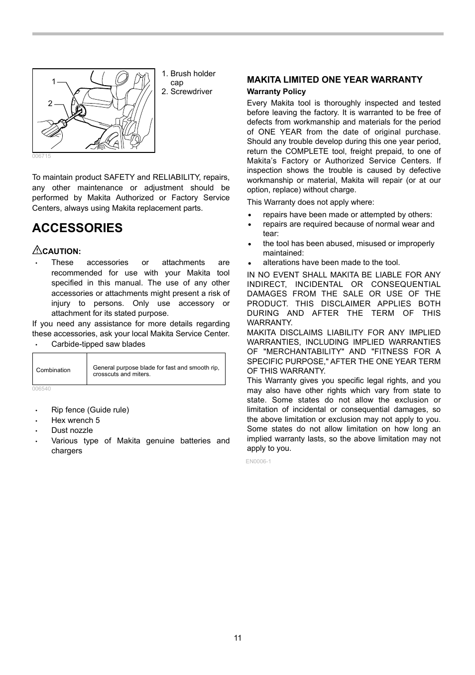 Accessories | Makita BSS610 User Manual | Page 11 / 36
