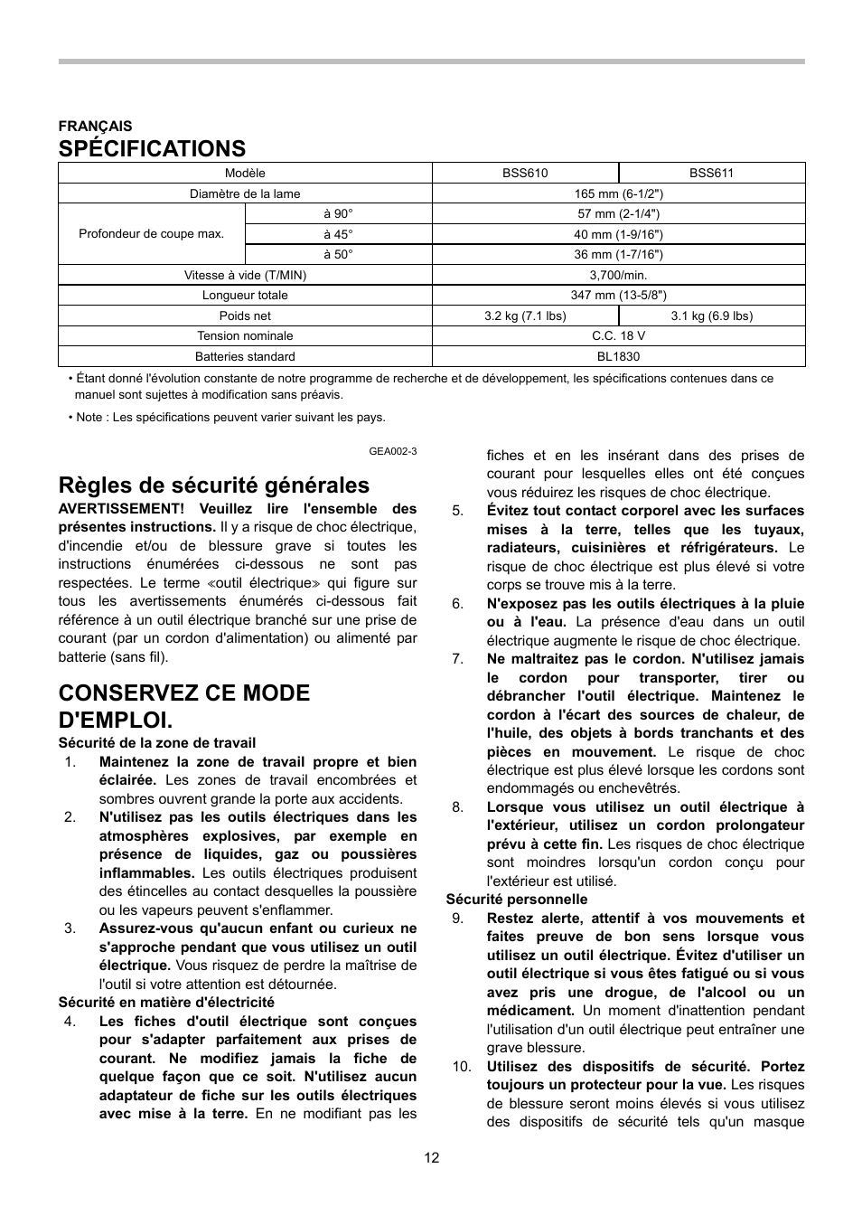 Spécifications, Règles de sécurité générales, Conservez ce mode d'emploi | Makita BSS610 User Manual | Page 12 / 36