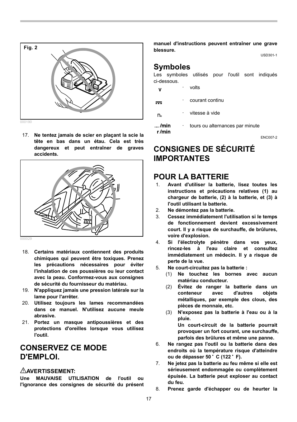Conservez ce mode d'emploi, Symboles, Consignes de sécurité importantes | Pour la batterie | Makita BSS610 User Manual | Page 17 / 36