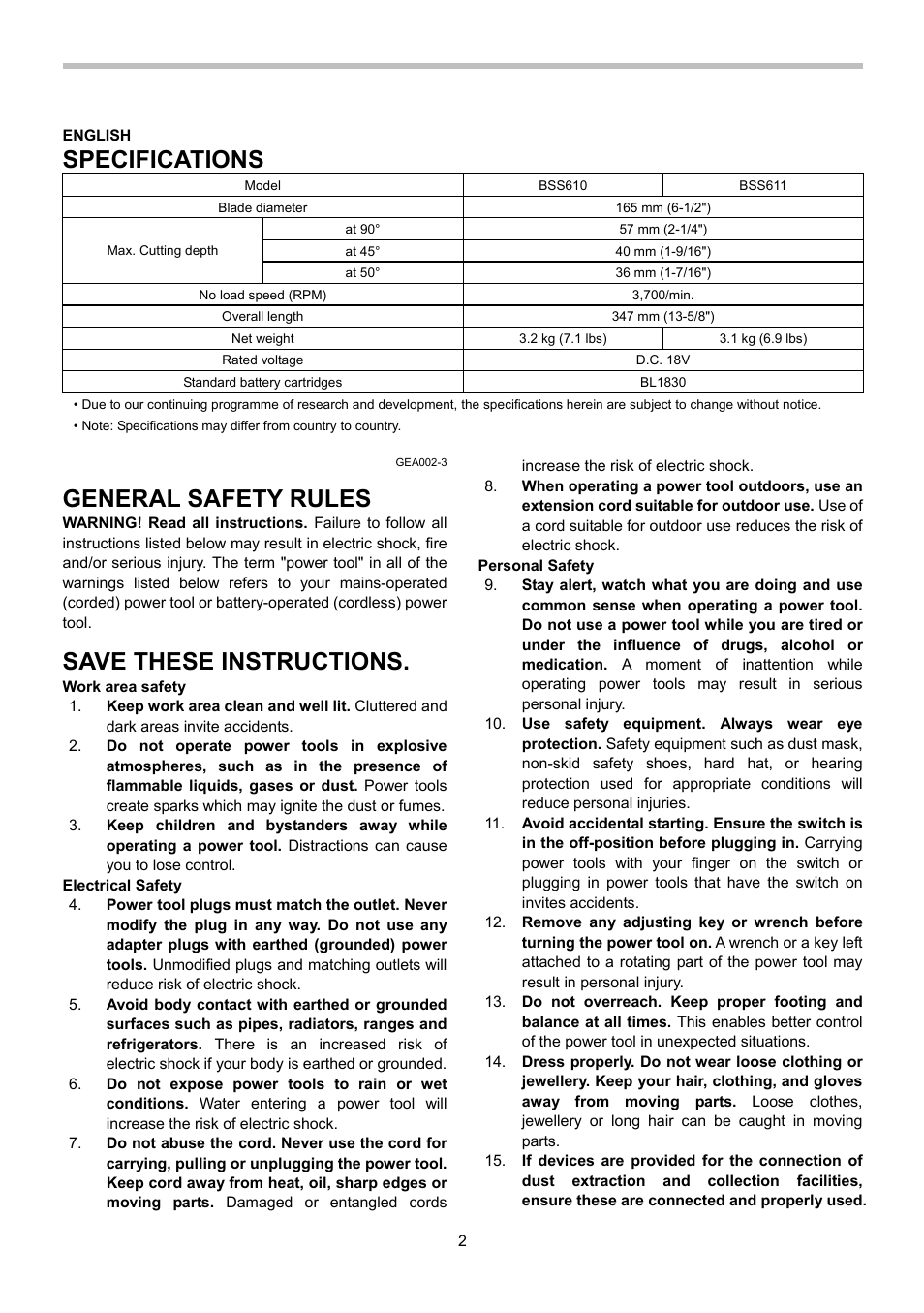 Specifications, General safety rules, Save these instructions | Makita BSS610 User Manual | Page 2 / 36