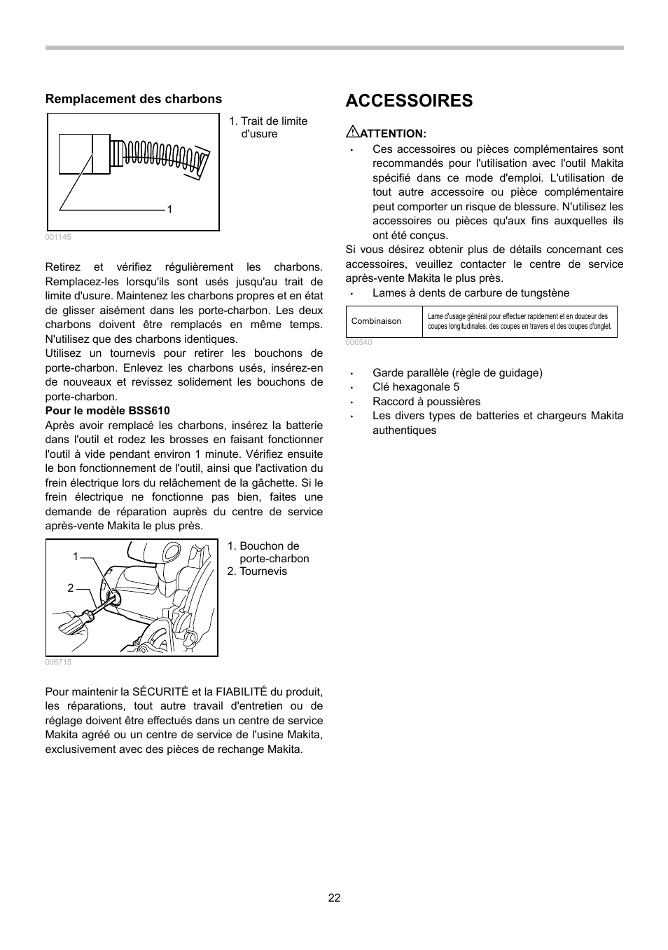 Accessoires | Makita BSS610 User Manual | Page 22 / 36