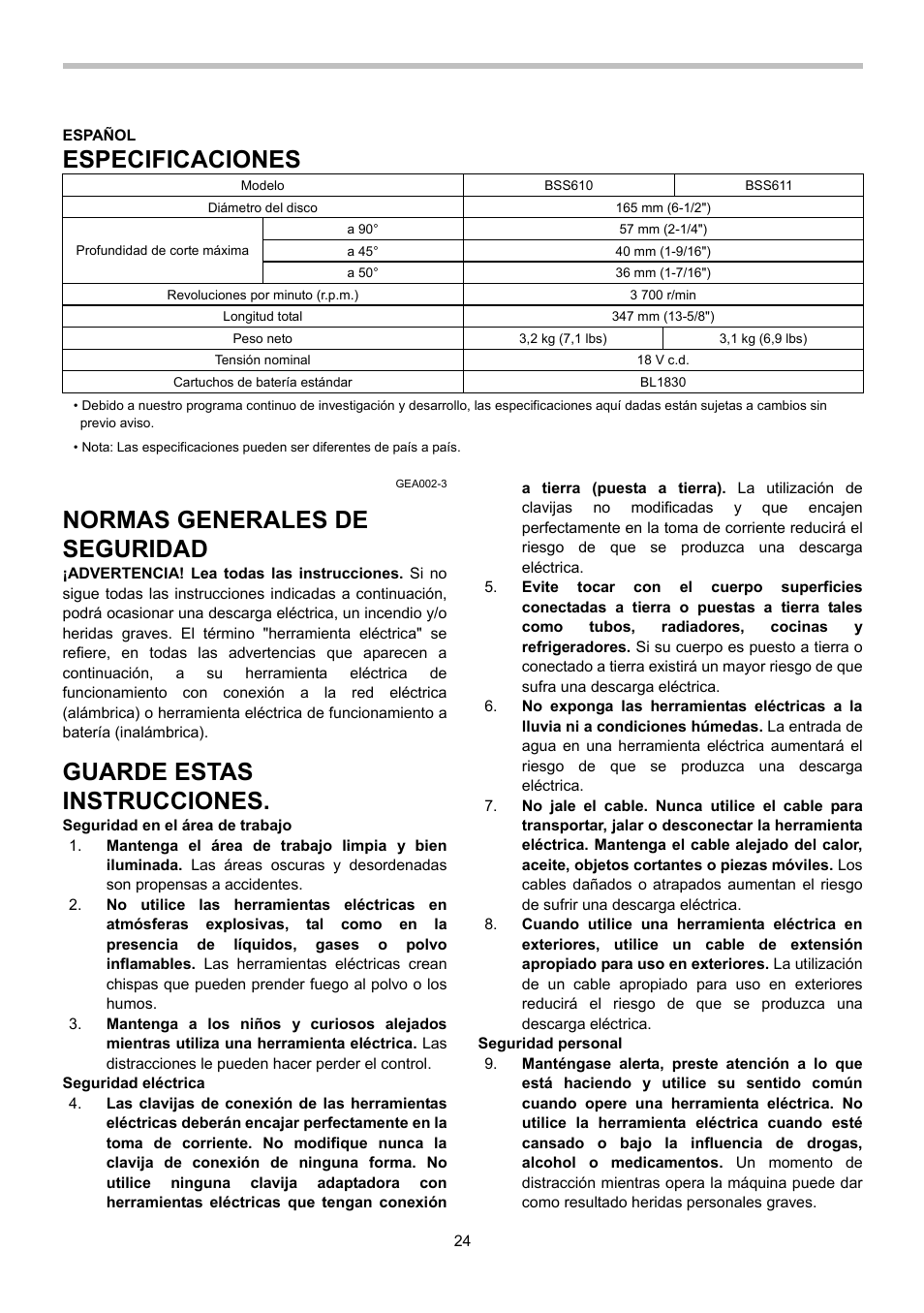 Especificaciones, Normas generales de seguridad, Guarde estas instrucciones | Makita BSS610 User Manual | Page 24 / 36