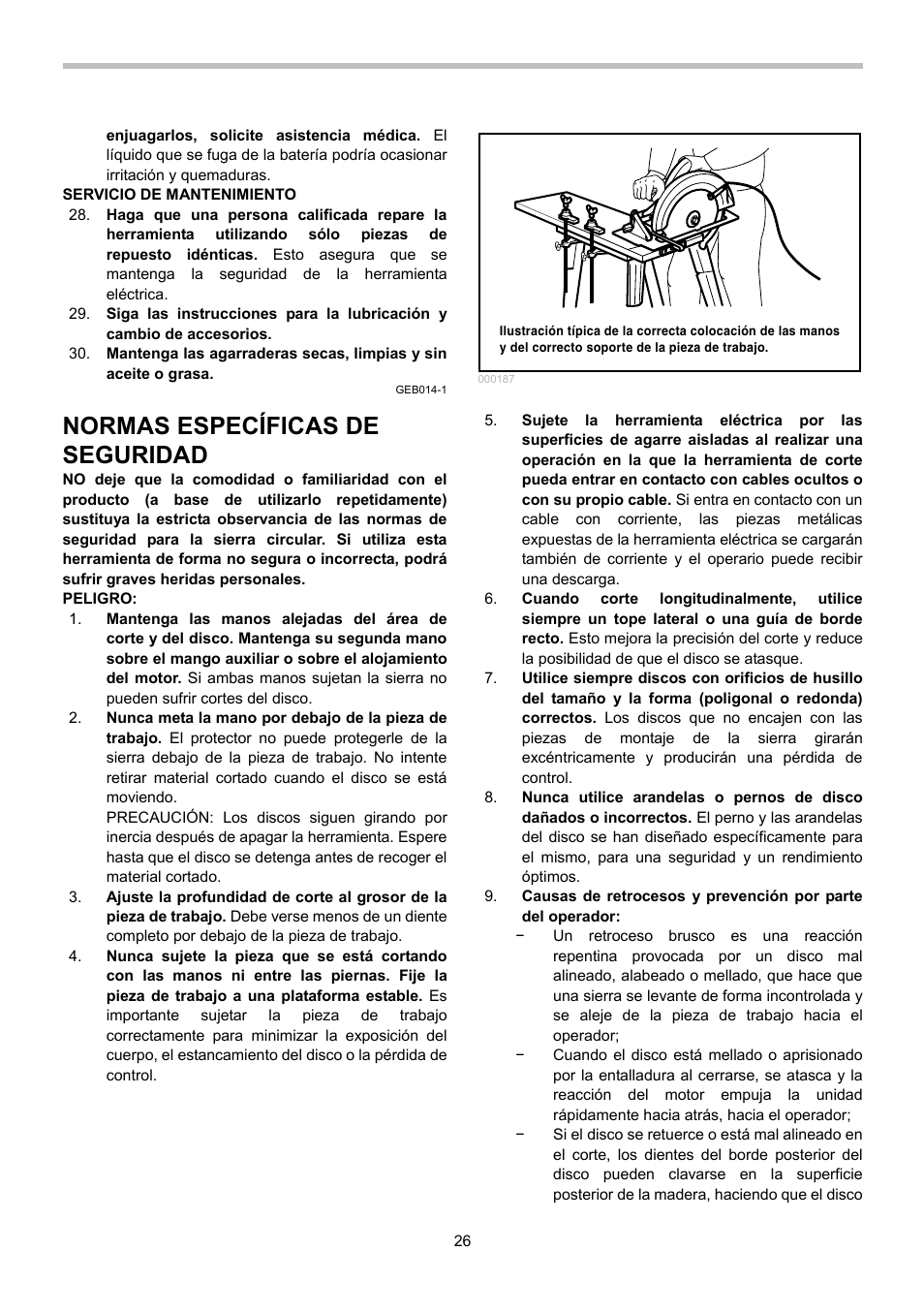 Normas específicas de seguridad | Makita BSS610 User Manual | Page 26 / 36