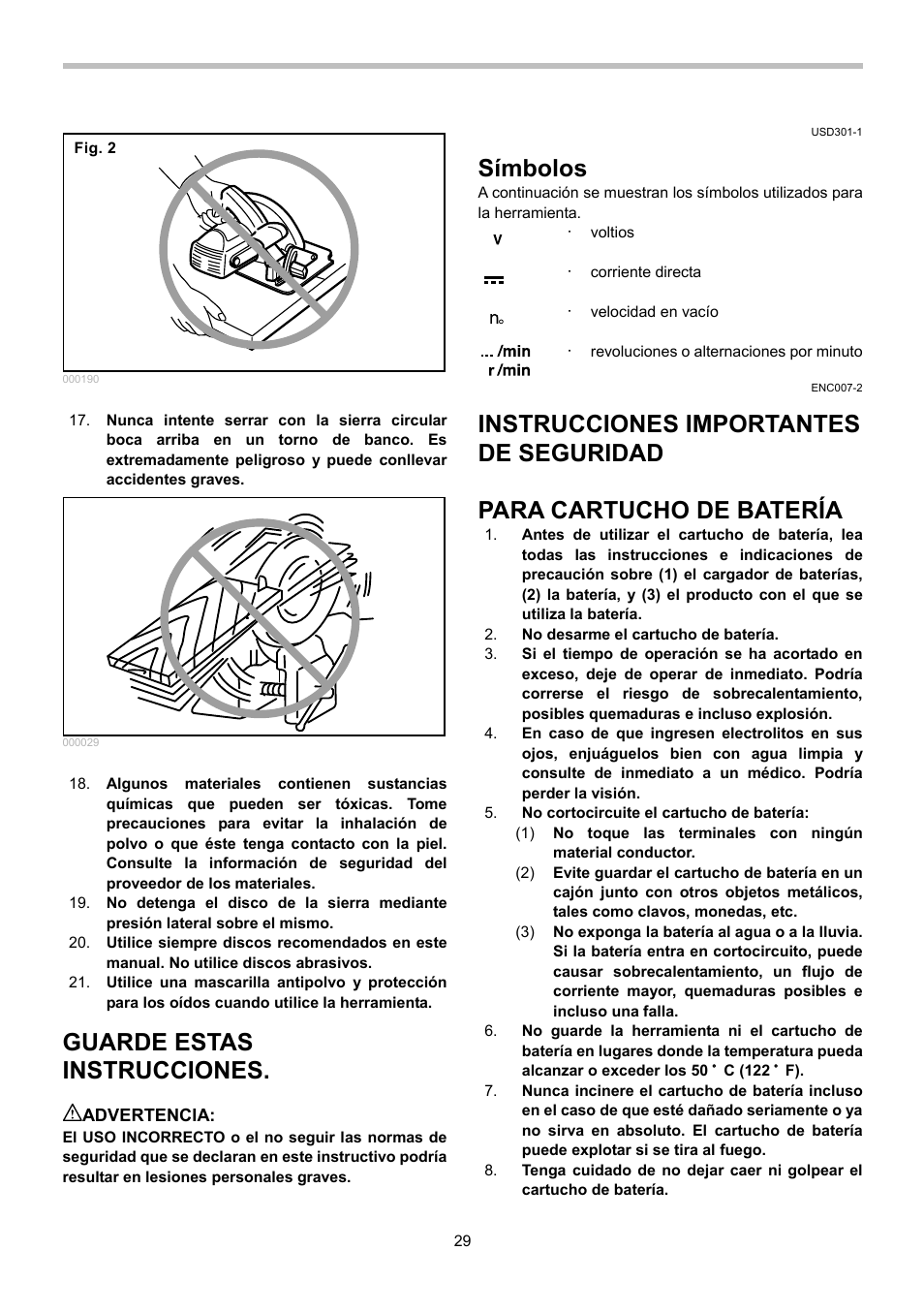 Guarde estas instrucciones, Símbolos, Instrucciones importantes de seguridad | Para cartucho de batería | Makita BSS610 User Manual | Page 29 / 36