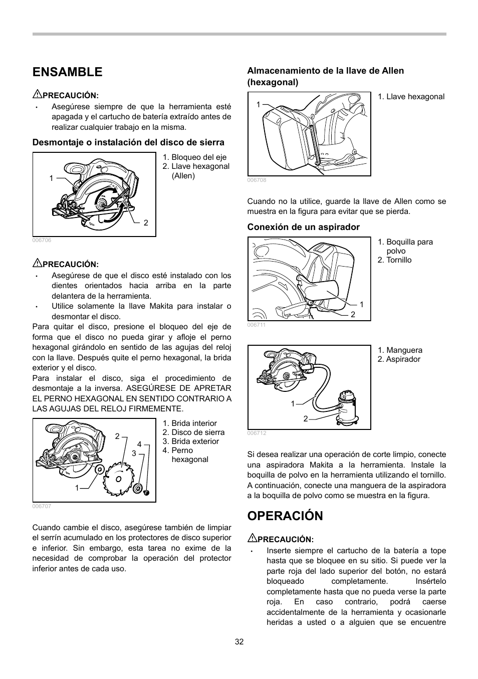 Ensamble, Operación | Makita BSS610 User Manual | Page 32 / 36