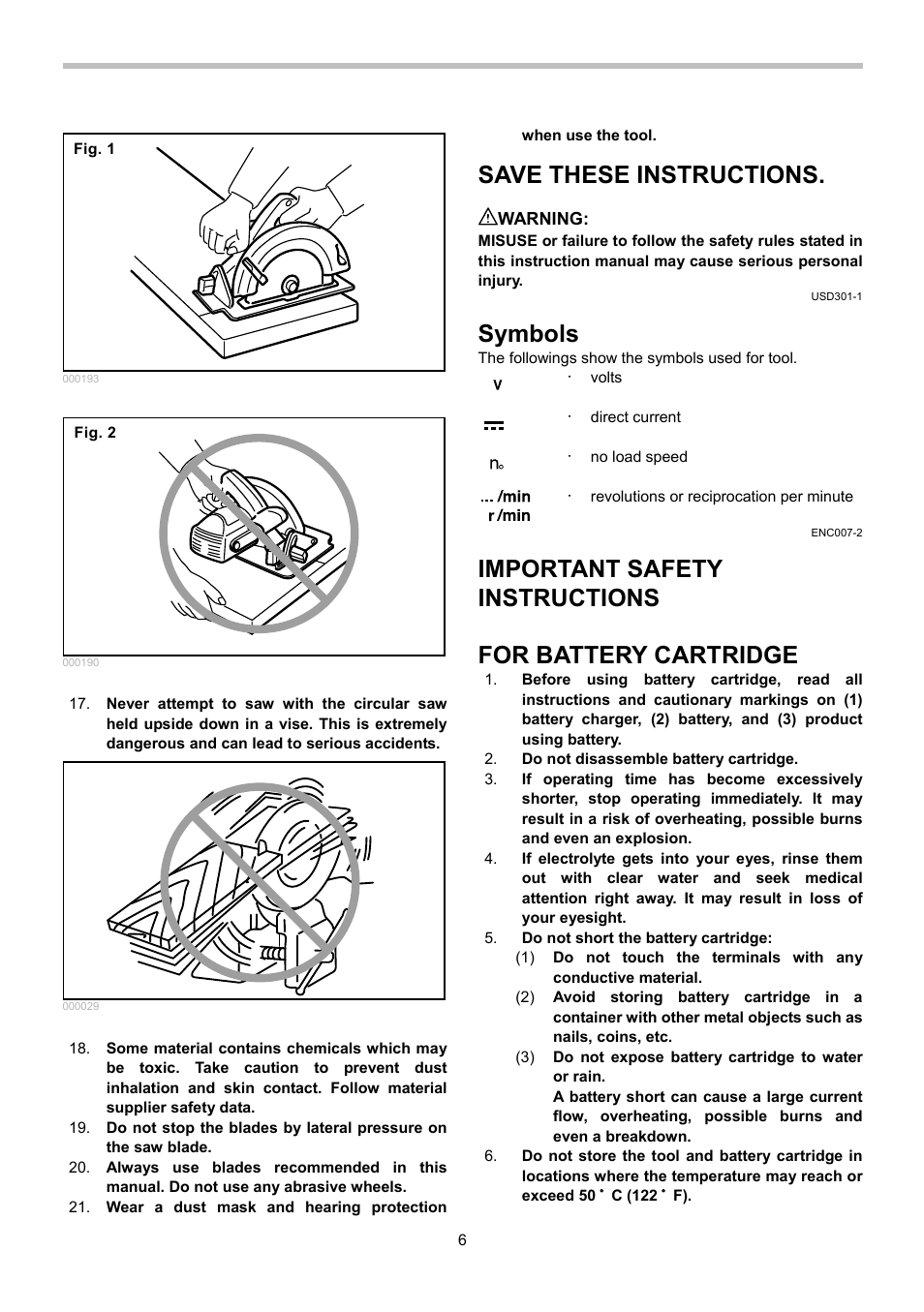 Save these instructions, Symbols, Important safety instructions | For battery cartridge | Makita BSS610 User Manual | Page 6 / 36