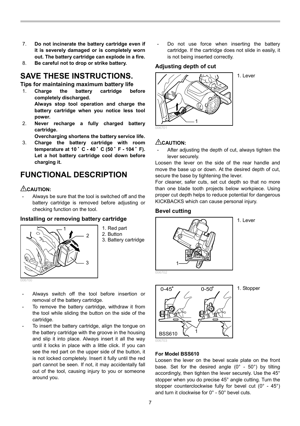 Save these instructions, Functional description | Makita BSS610 User Manual | Page 7 / 36