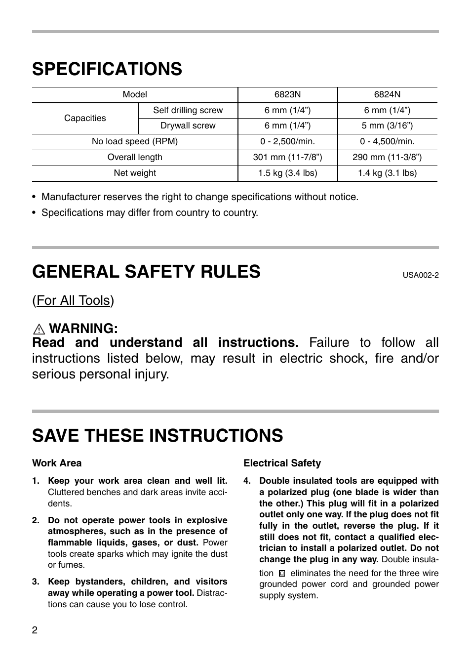 Specifications, General safety rules, Save these instructions | Makita 6824N User Manual | Page 2 / 16