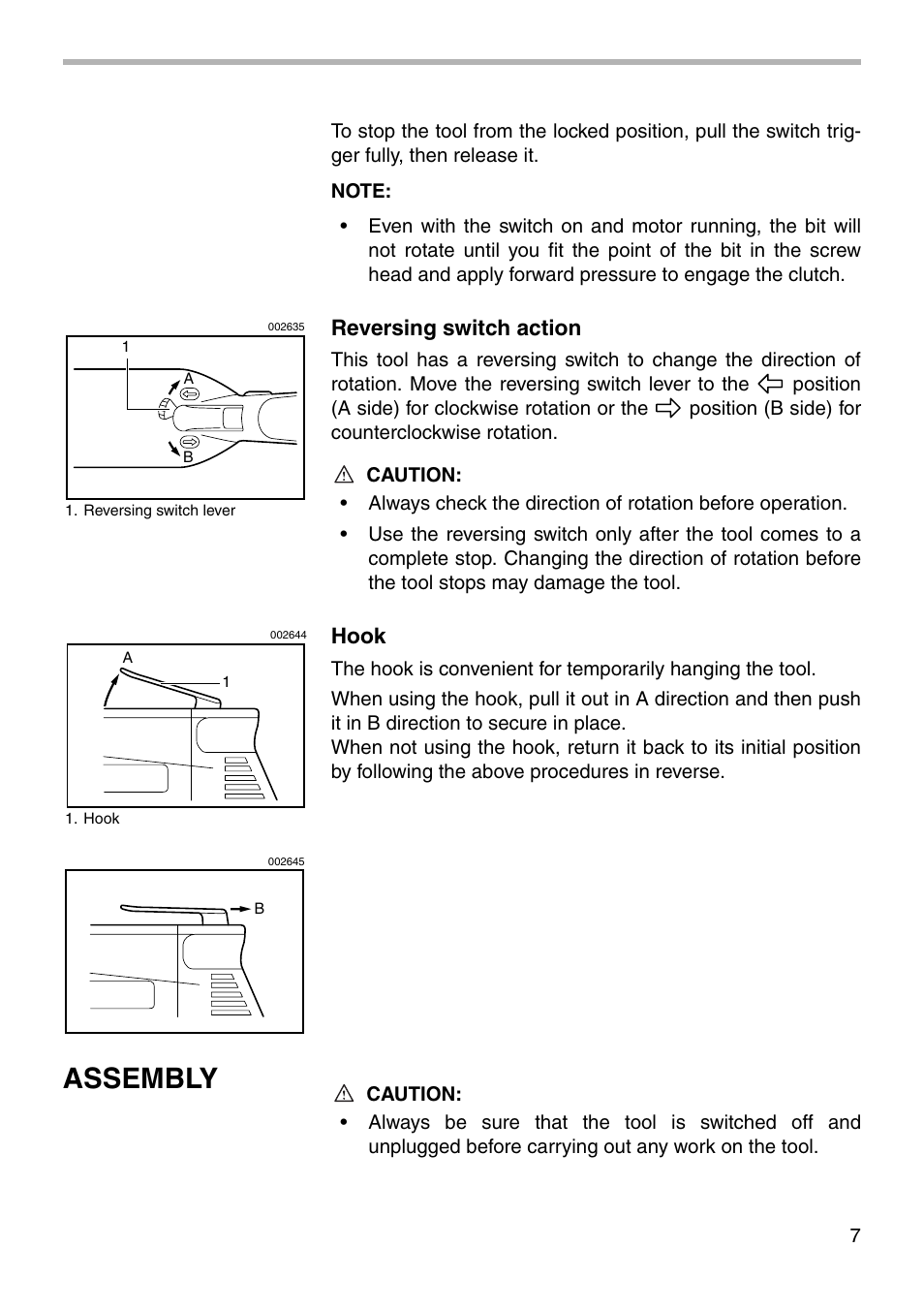 Assembly, Reversing switch action, Hook | Makita 6824N User Manual | Page 7 / 16