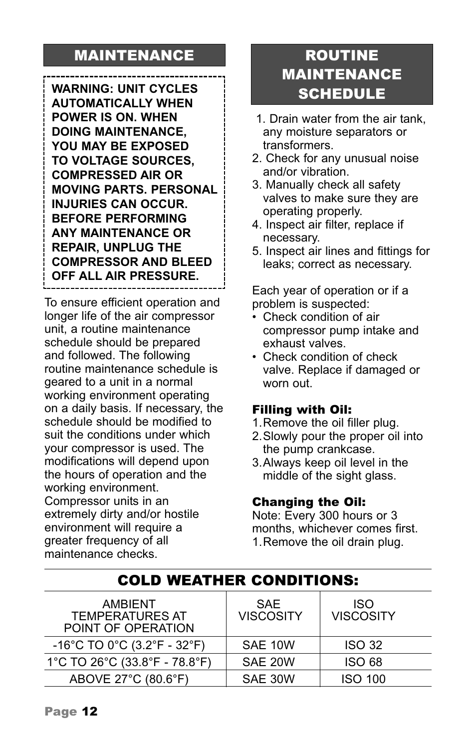 Maintenance, Routine maintenance schedule, Cold weather conditions | Makita MAC5200 User Manual | Page 12 / 20