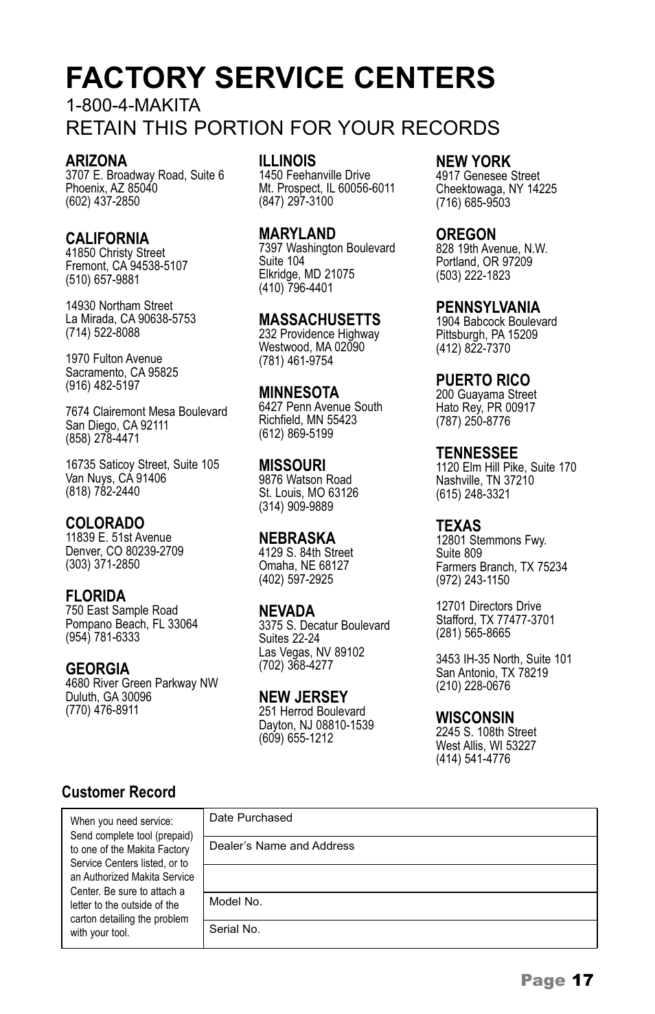 Factory service centers, Retain this portion for your records, 800-4-makita | Makita MAC5200 User Manual | Page 17 / 20