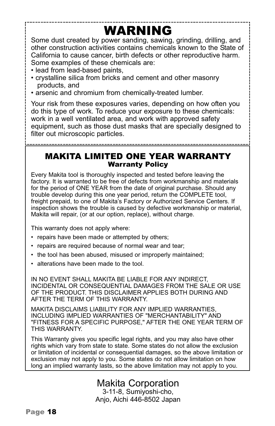 Warning, Makita corporation, Makita limited one year warranty | Makita MAC5200 User Manual | Page 18 / 20