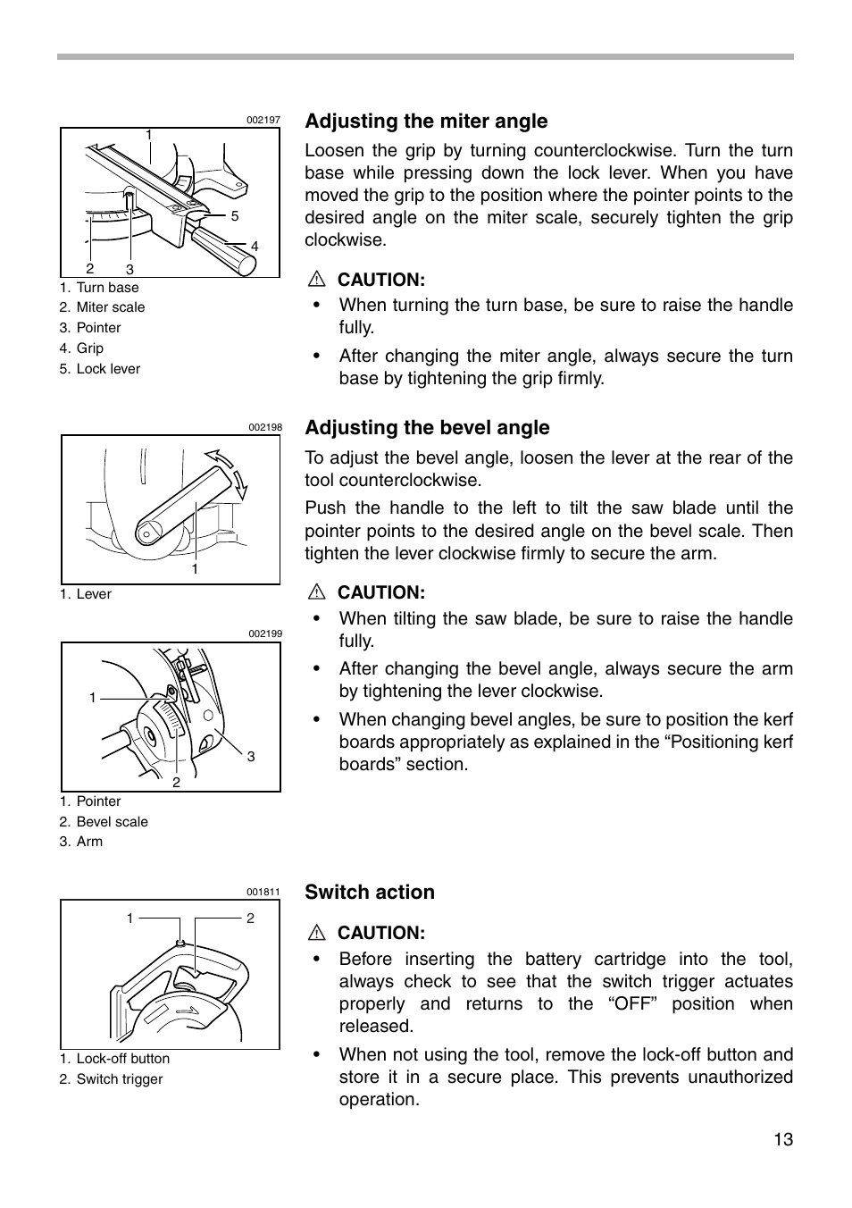 Adjusting the miter angle, Adjusting the bevel angle, Switch action | Makita LS711D User Manual | Page 13 / 36