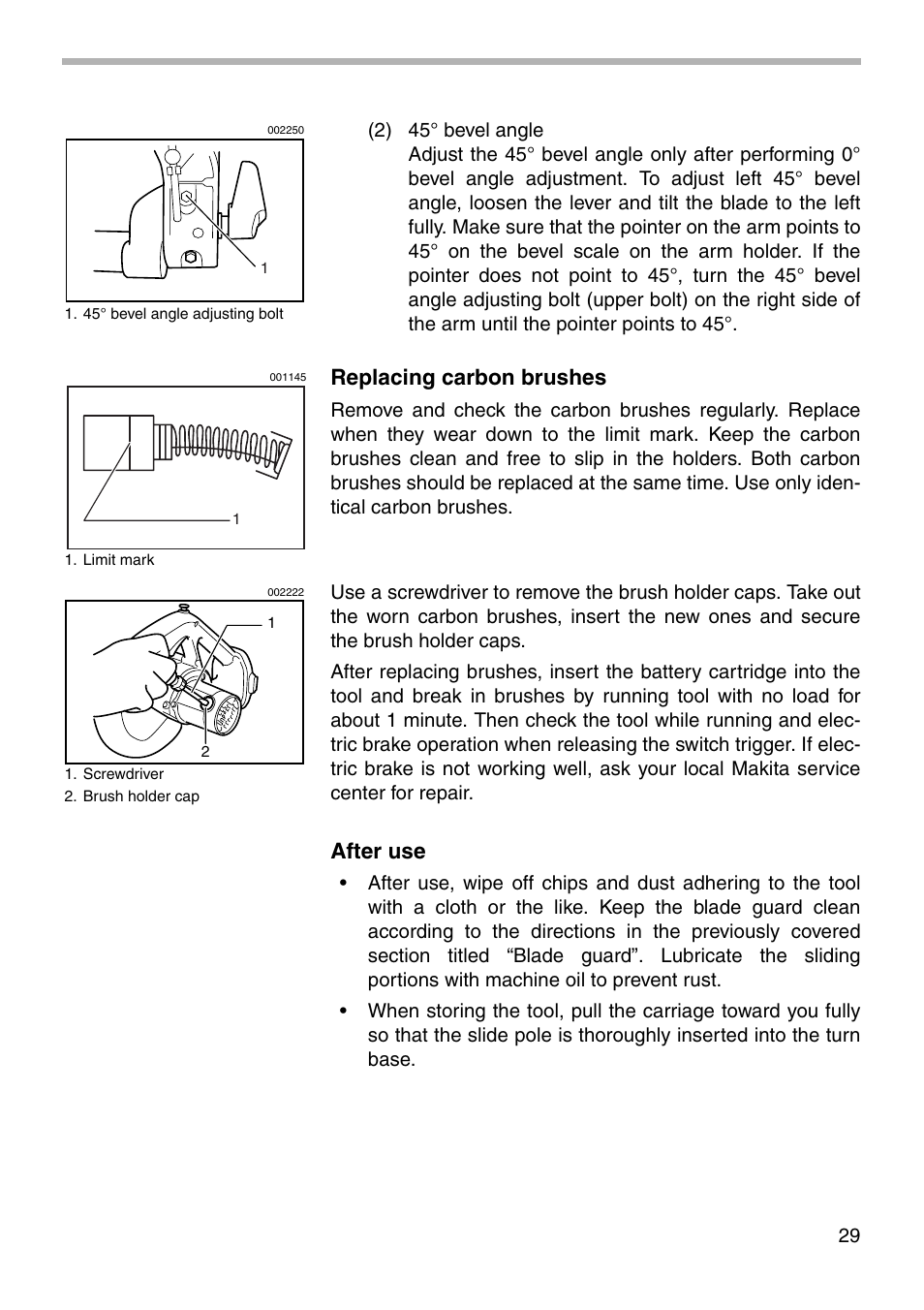 Replacing carbon brushes, After use | Makita LS711D User Manual | Page 29 / 36