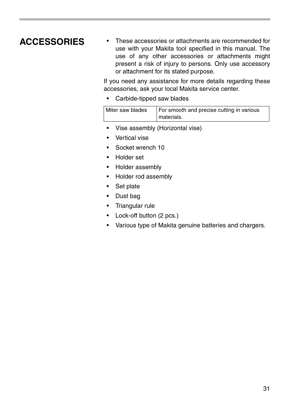 Accessories | Makita LS711D User Manual | Page 31 / 36