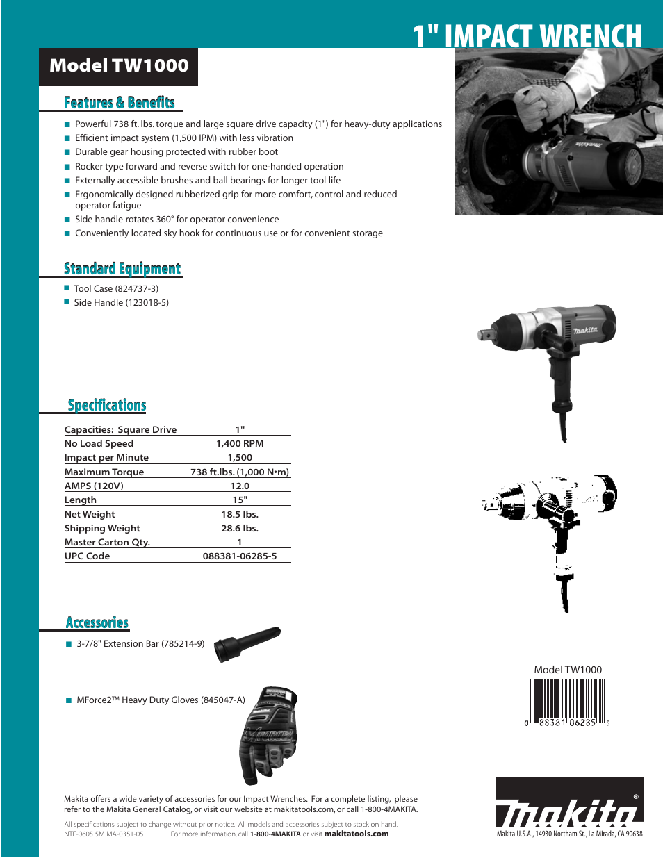 1" impact wrench, Model tw1000, Specifications | Accessories, Standard equipment | Makita TW1000 User Manual | Page 2 / 2