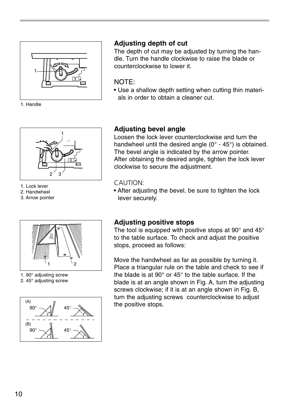 10 adjusting depth of cut, Adjusting bevel angle, Caution | Adjusting positive stops | Makita 2703X1 User Manual | Page 10 / 28