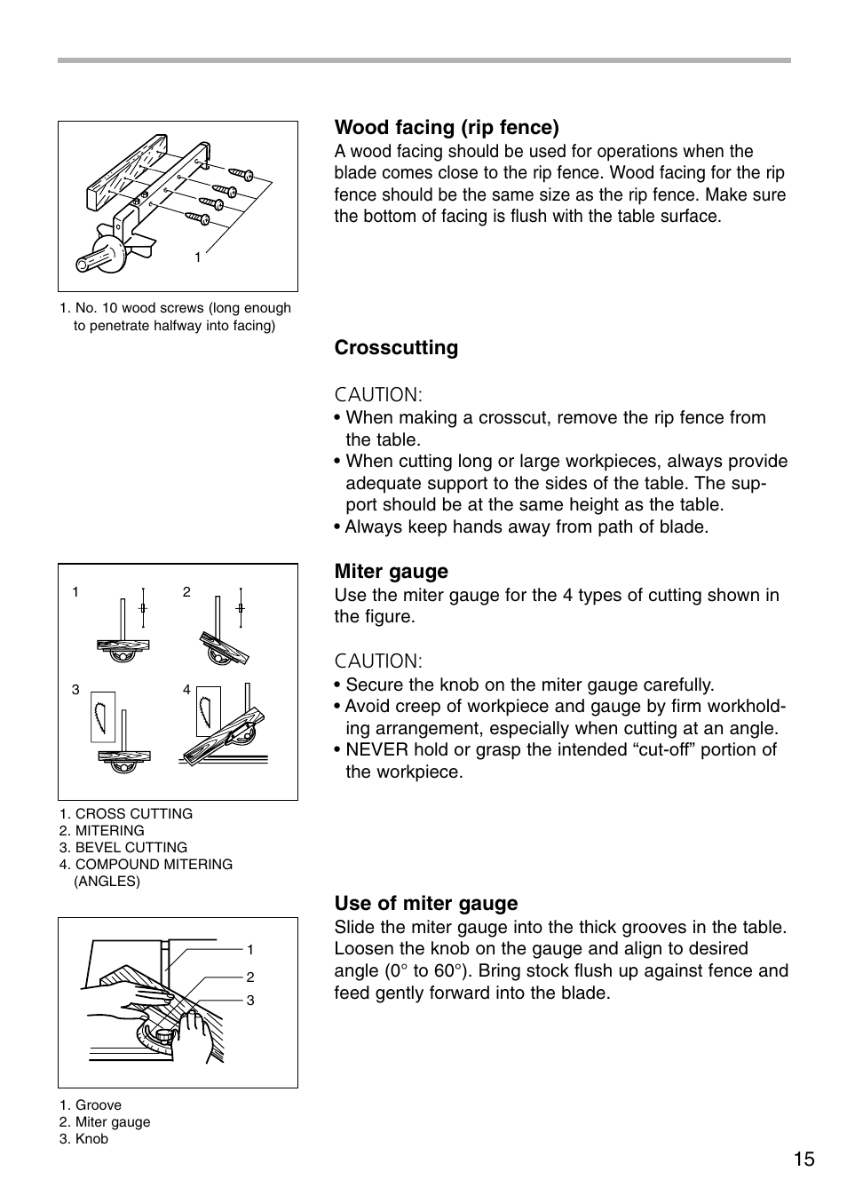 Wood facing (rip fence), Crosscutting caution, Miter gauge | Caution, Use of miter gauge | Makita 2703X1 User Manual | Page 15 / 28