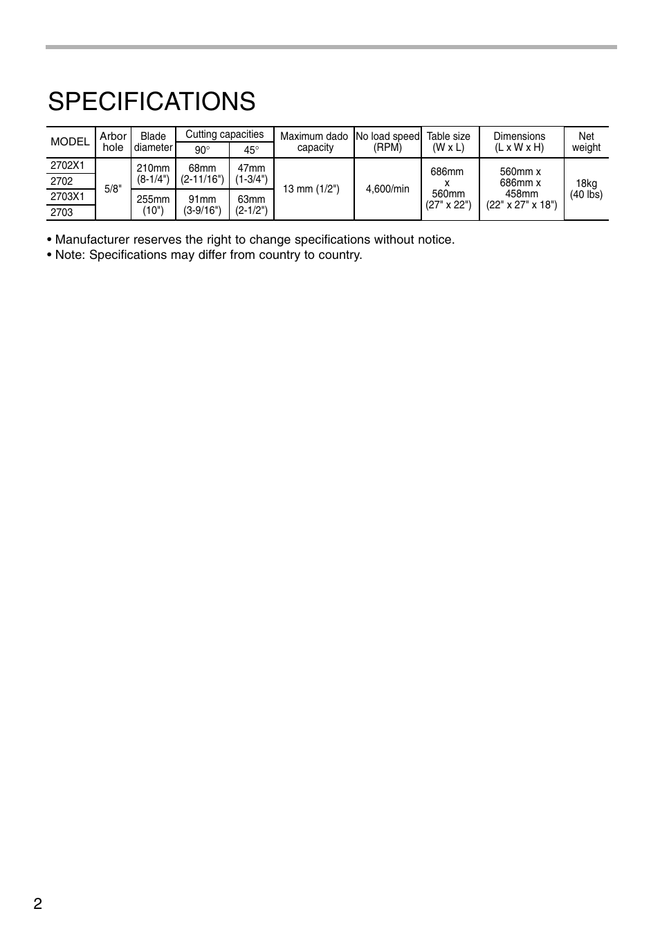 Specifications | Makita 2703X1 User Manual | Page 2 / 28