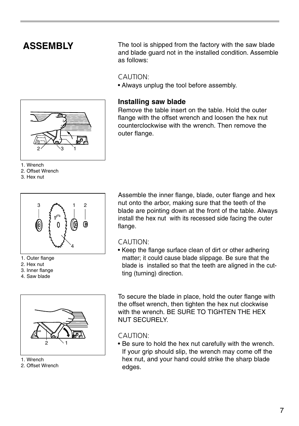 Assembly, Caution, Installing saw blade | Makita 2703X1 User Manual | Page 7 / 28